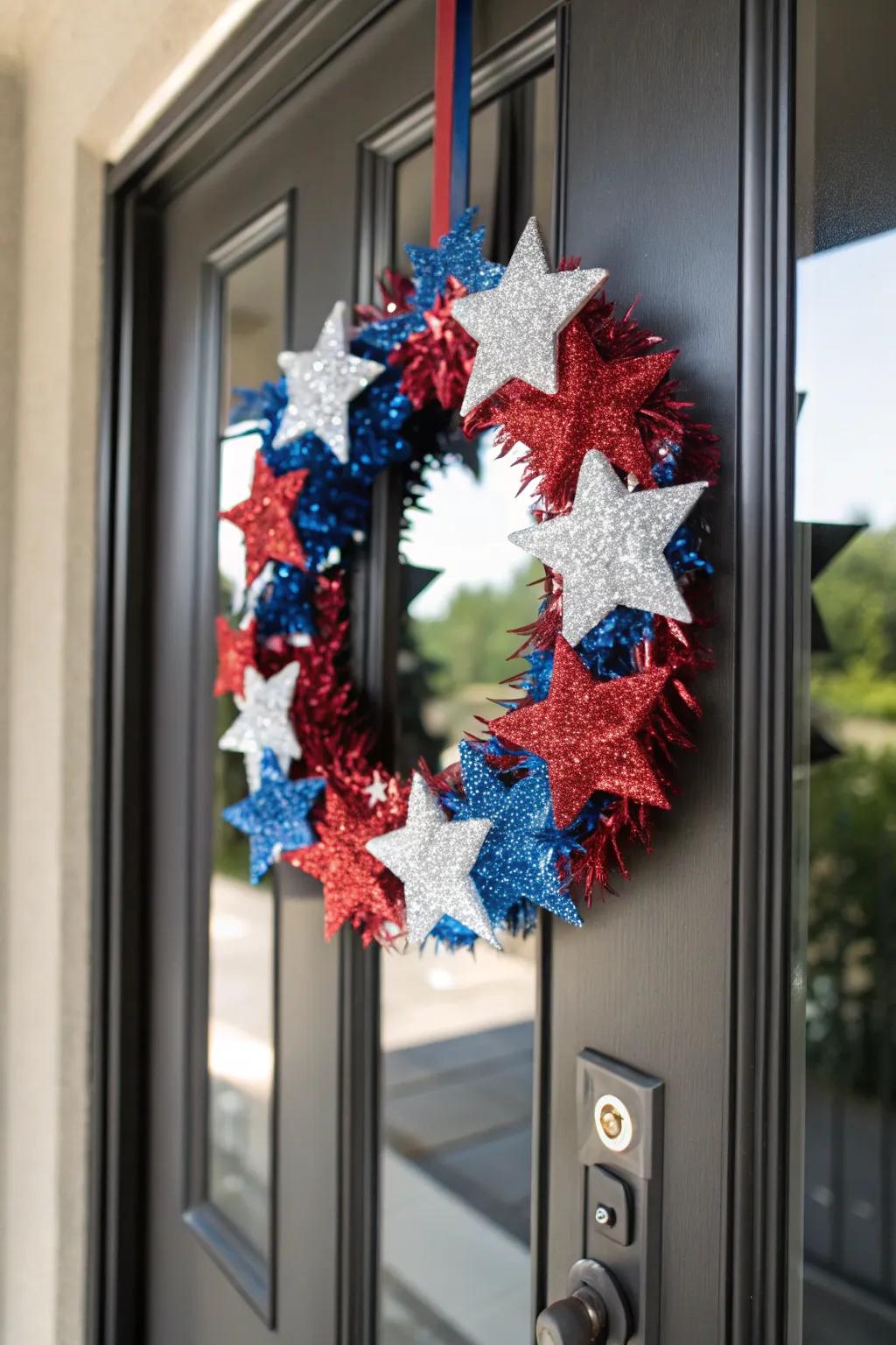 A touch of glam with a star garland woven into a wreath.