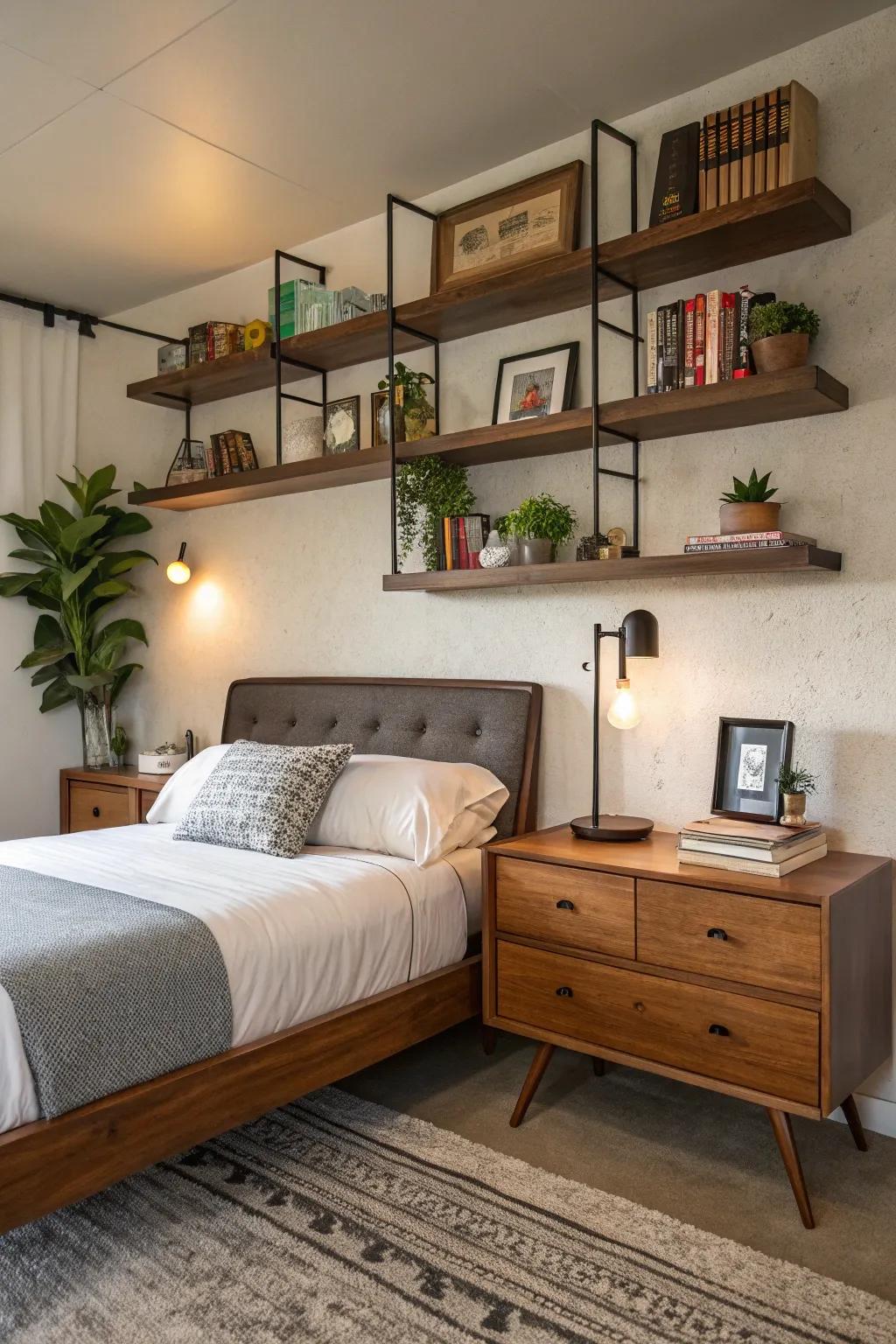 Floating shelves elegantly showcase personal items in this mid-century modern bedroom.