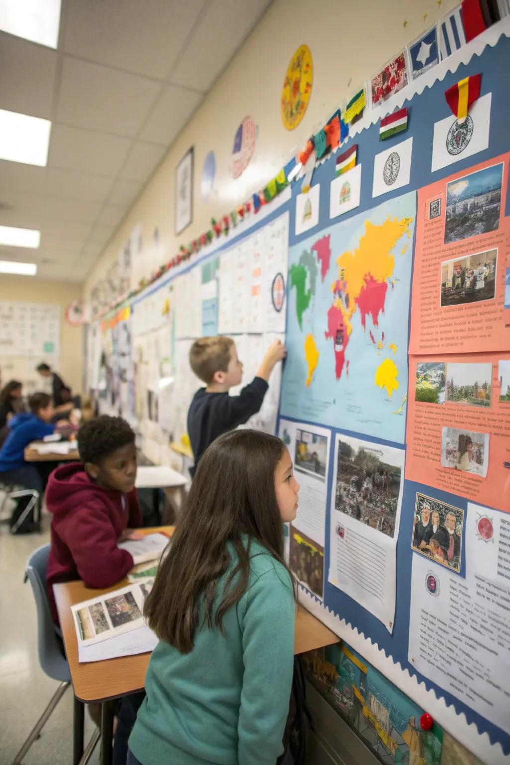 An educational bulletin board with an interactive history timeline