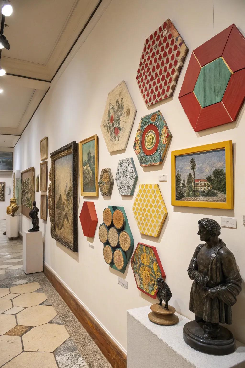 Different shapes add a captivating layout to the gallery wall.