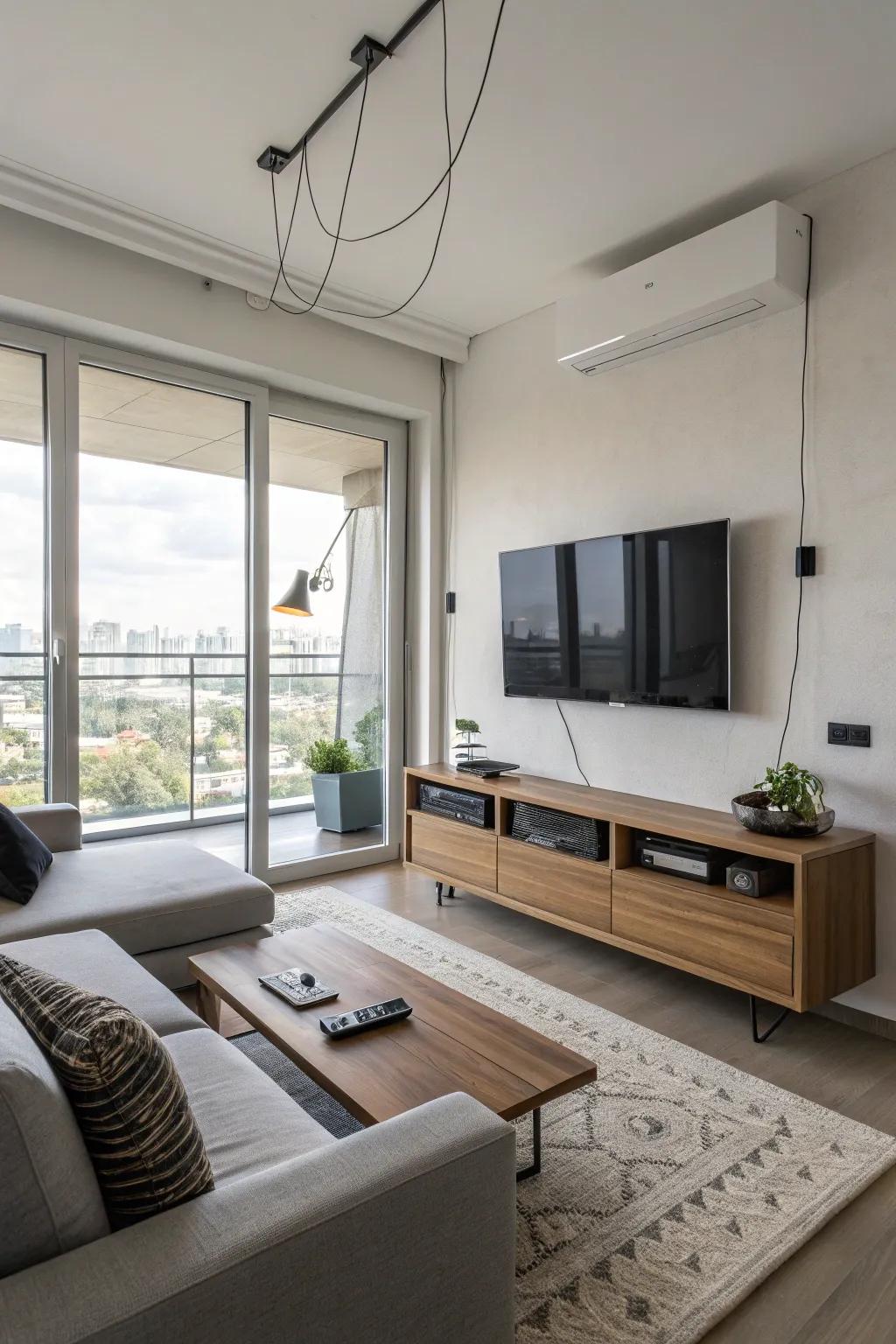 Invisible cable management keeps the TV area sleek and tidy.