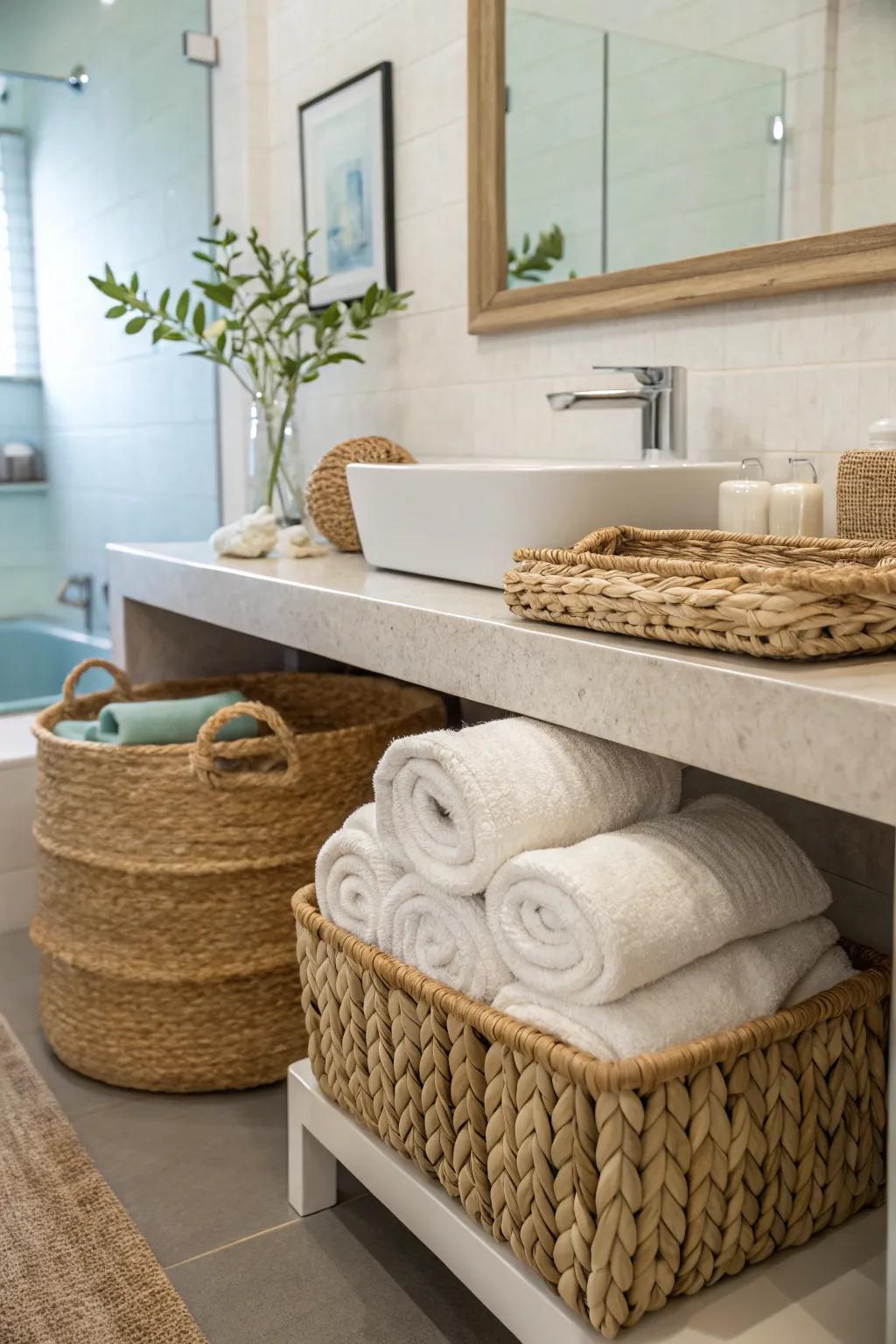 Woven baskets offer a chic way to display towels.