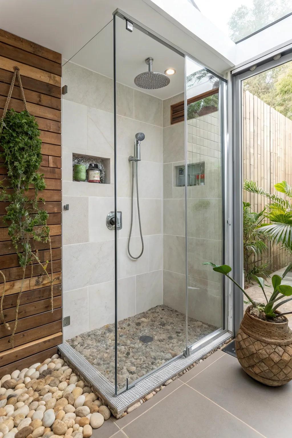 An eco-friendly shower featuring sustainable materials and water-saving fixtures.