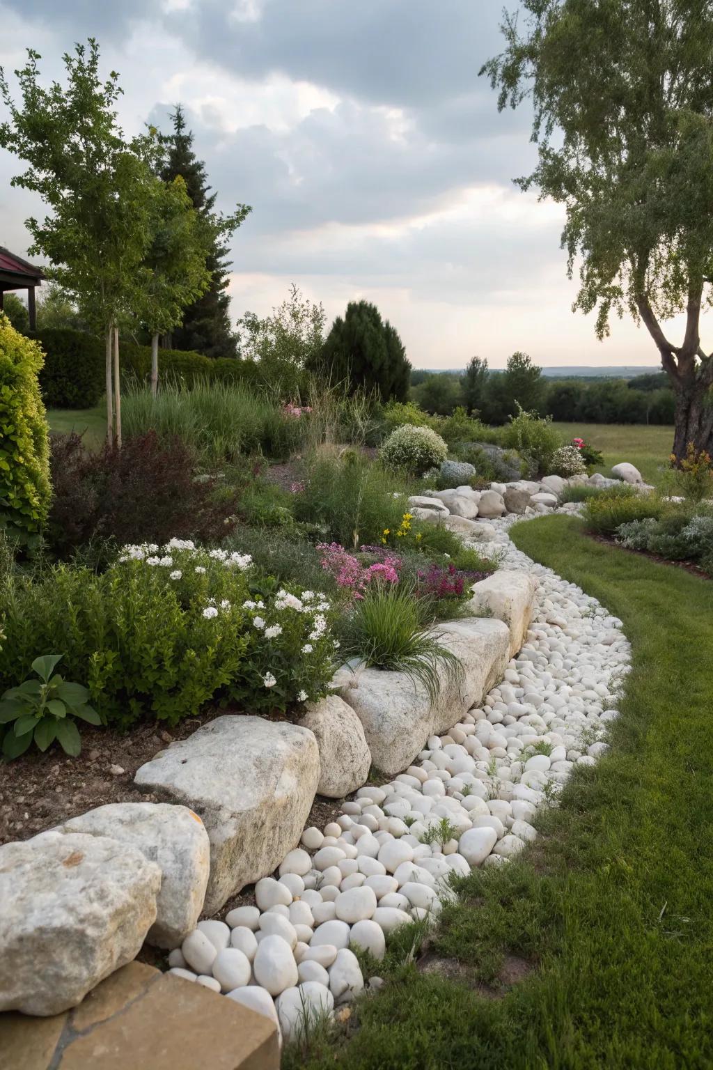 A garden with natural stone borders complementing white rocks, blending rustic and modern elements.