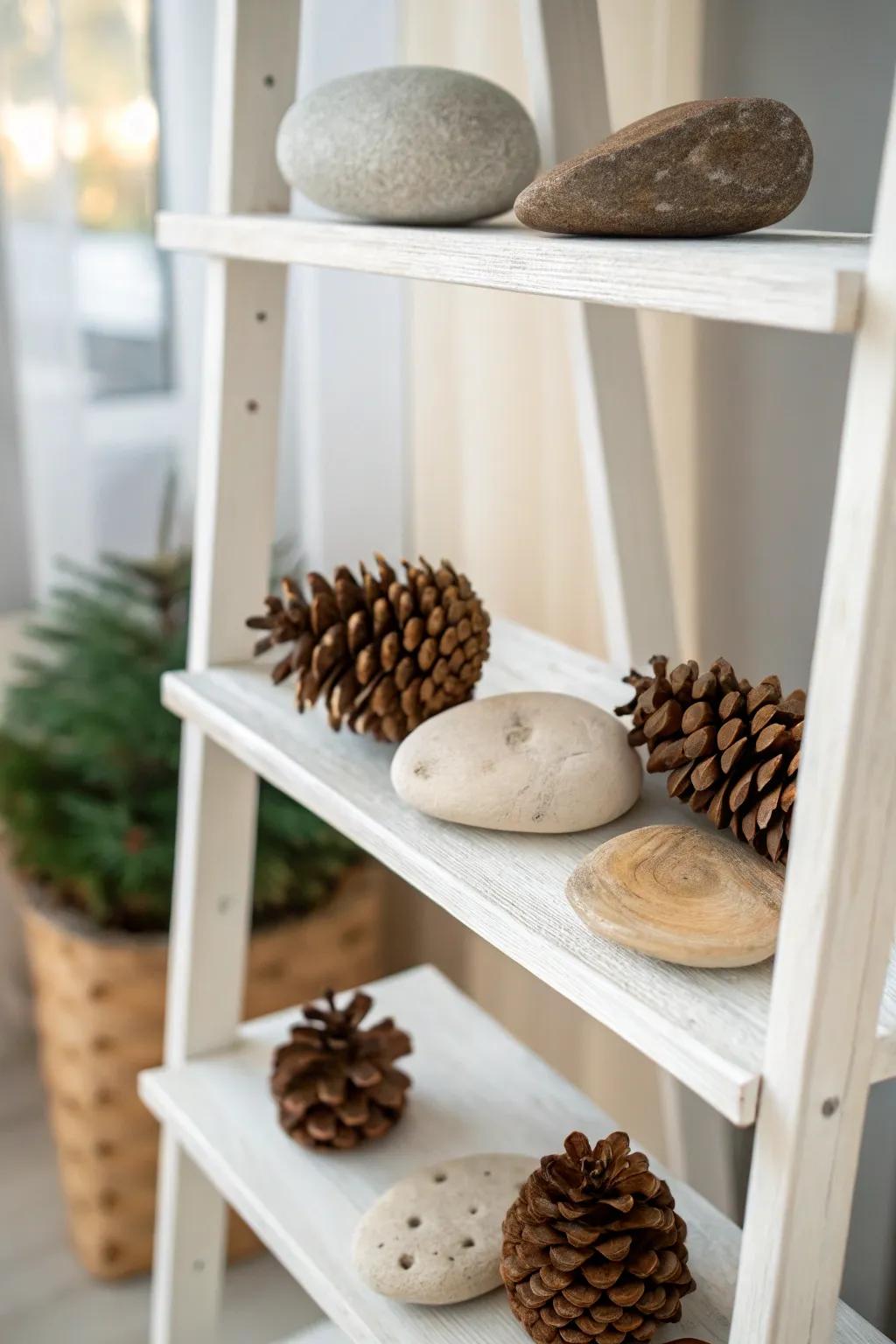 Clean and uncluttered shelving with natural decor elements.