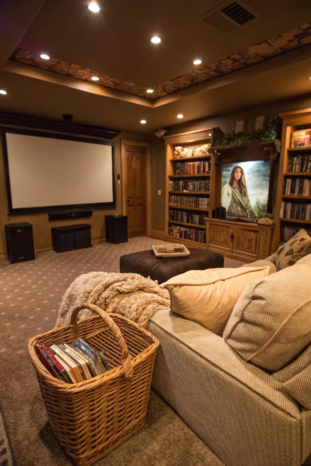 Blankets are a cozy addition for an inviting movie room experience.