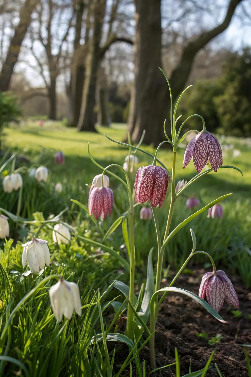 Snake's Head Fritillary offering unique blooms with its checkered pattern.