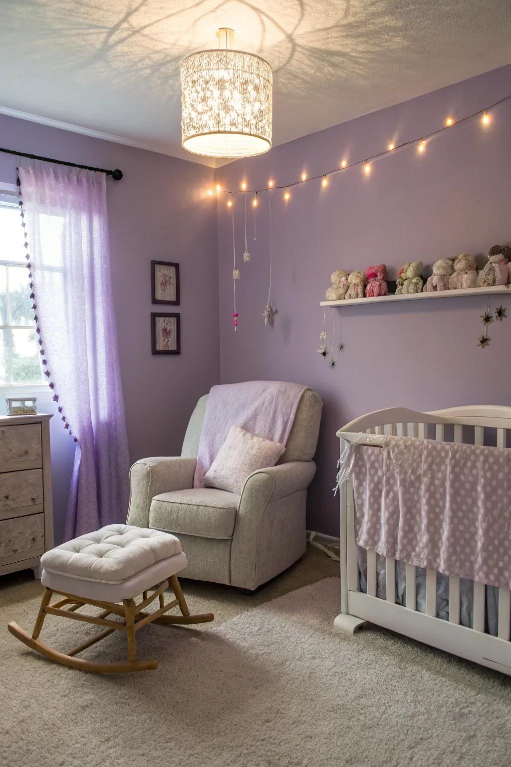 A soothing nursery with lavender tones.