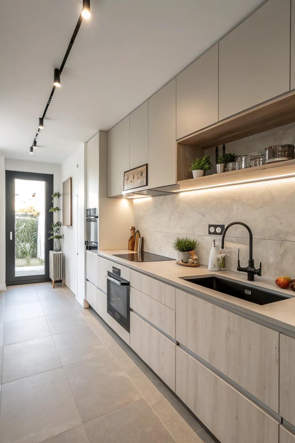 Hidden appliances create a clean, cohesive look in a one-wall kitchen.