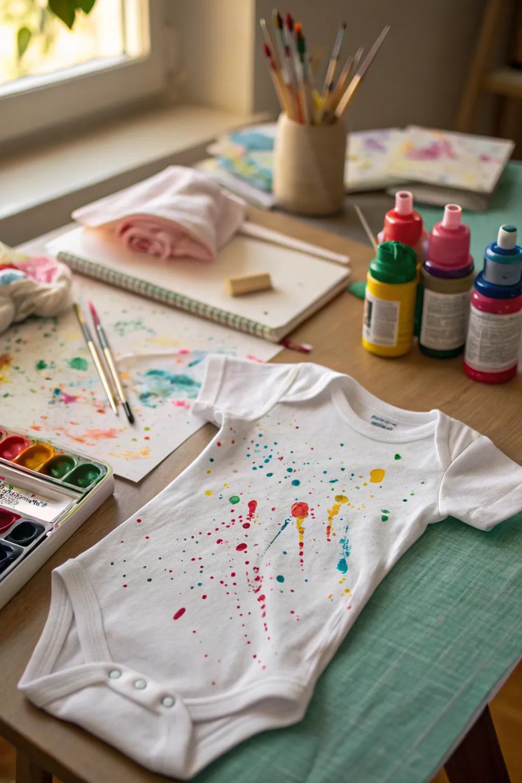 An artistic onesie featuring a vibrant paint splatter design.