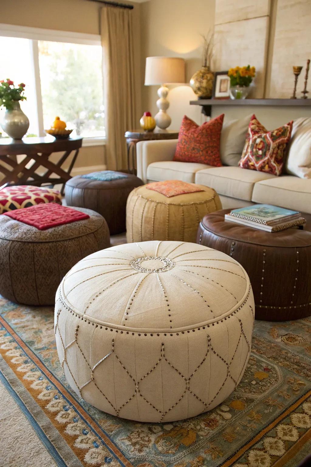 An artful arrangement of ottomans adds depth to a room.