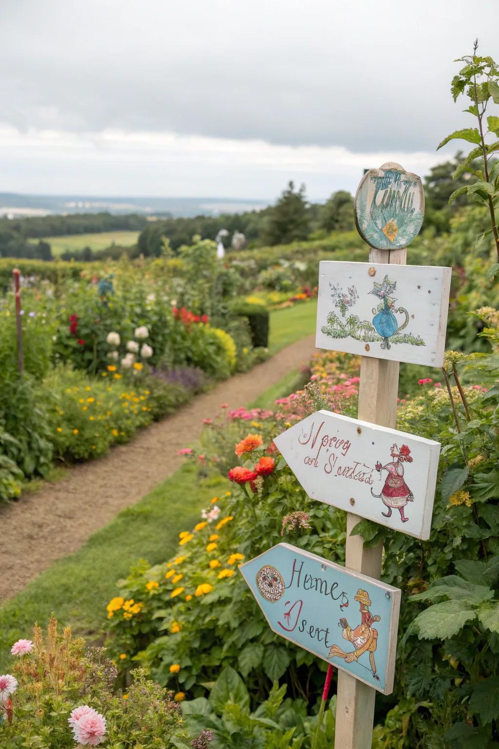 Watercolor signs guide guests with artistic flair.