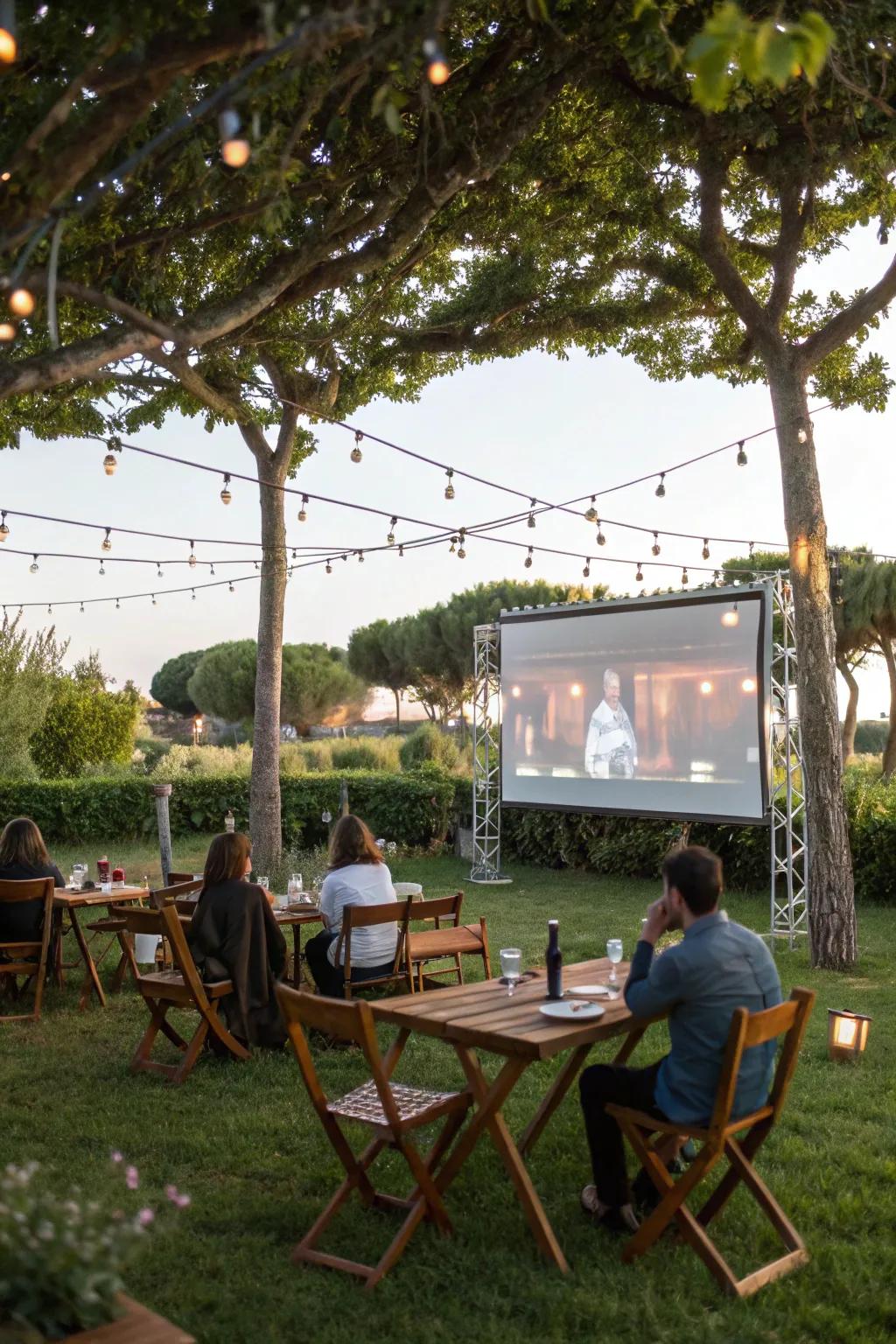 An outdoor dining area ready for movie night.