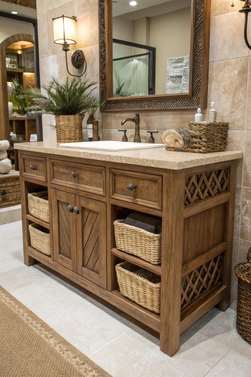 Clay brown vanities offer rustic refinement.