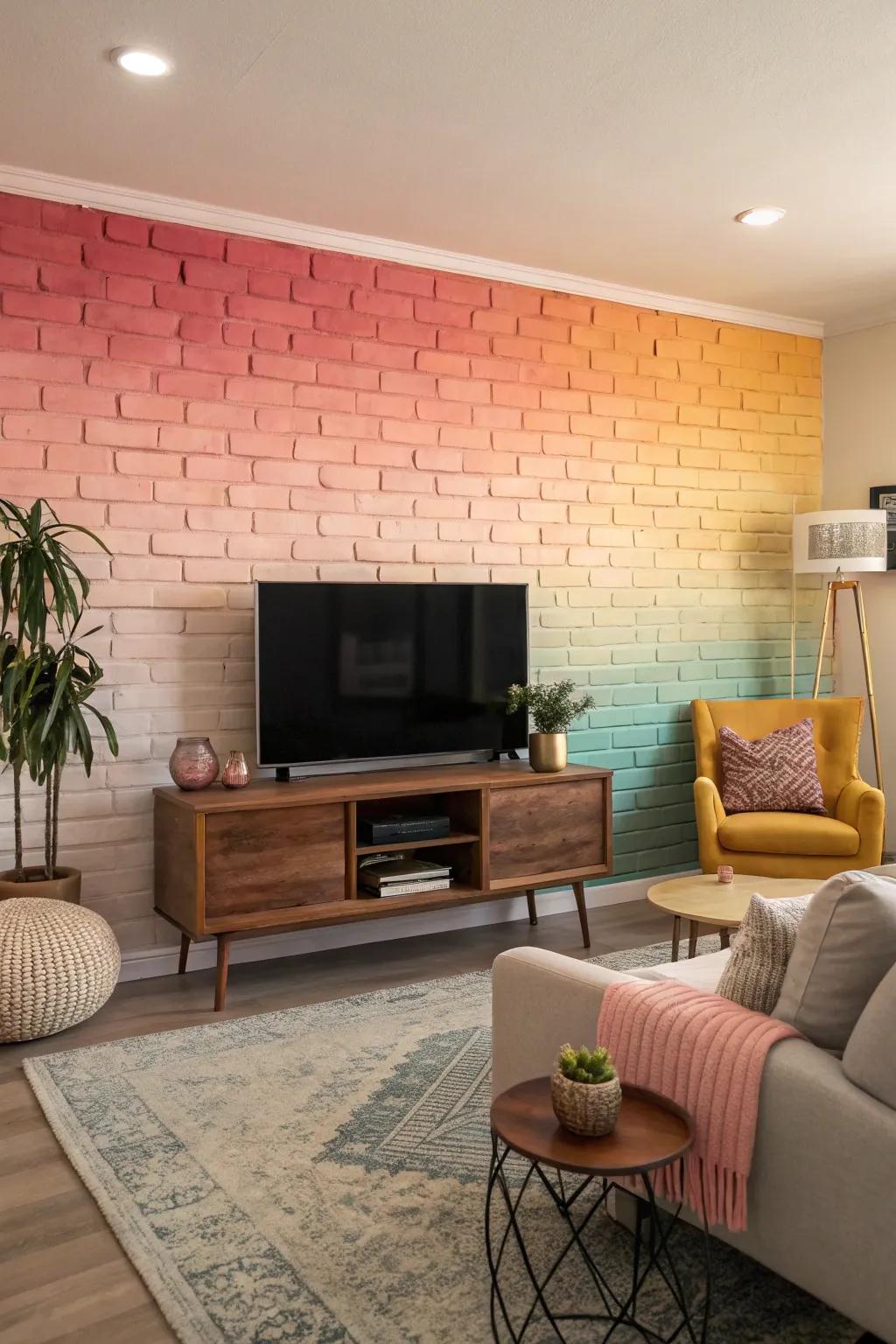 A living room with an intriguing ombre brick wall that captivates.