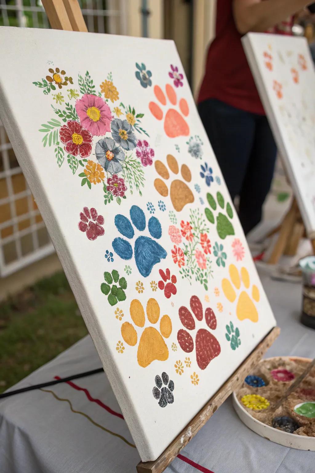 Floral designs created using colorful pet paw prints.