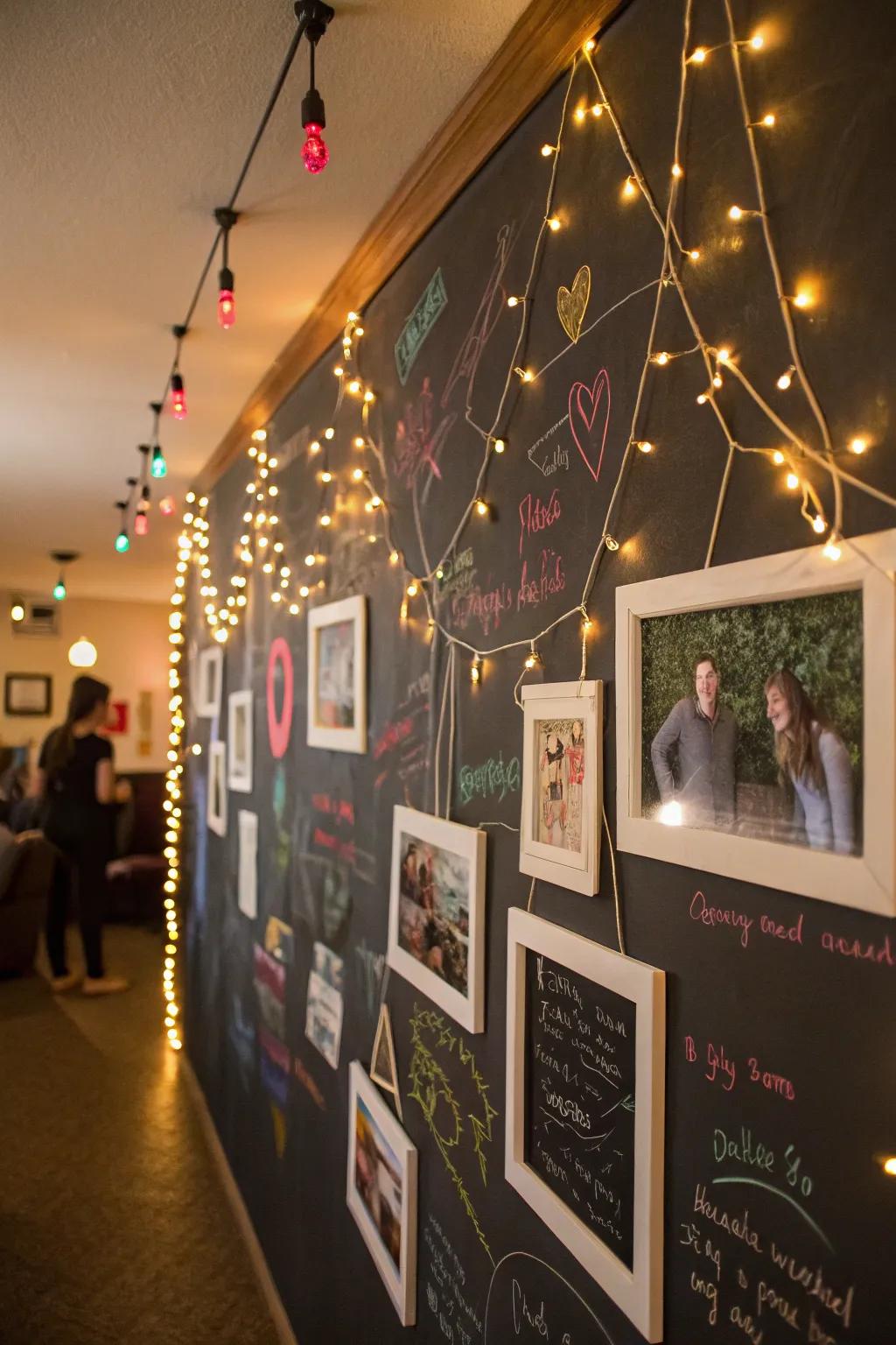 Chalkboard walls and lights create an interactive space.