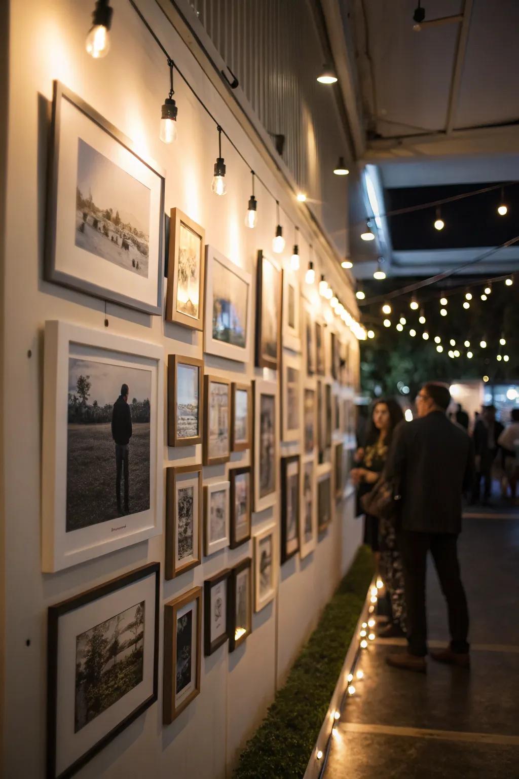 Picture wall enhanced with spotlight lighting.