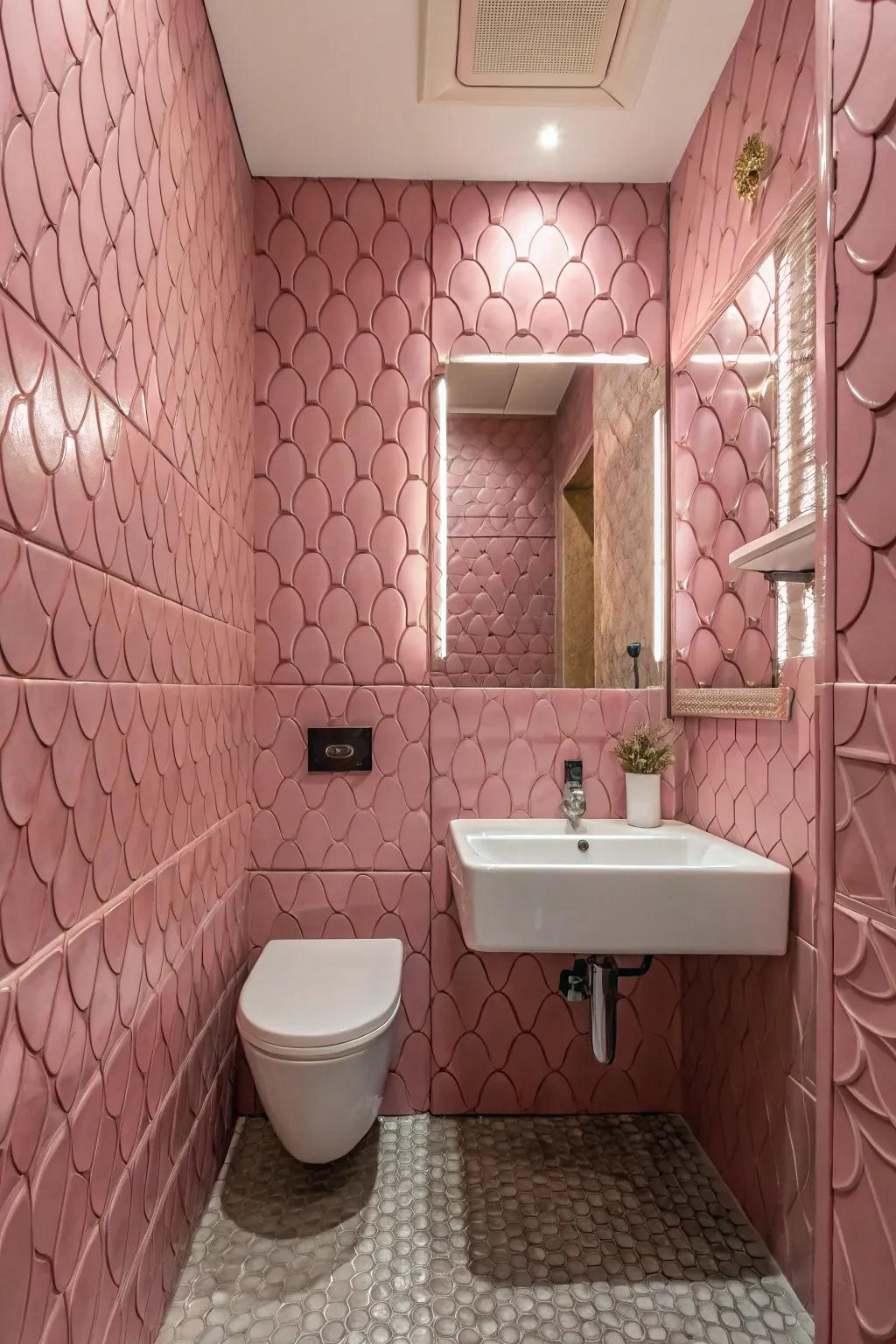 Textured pink tiles adding depth to the bathroom walls.