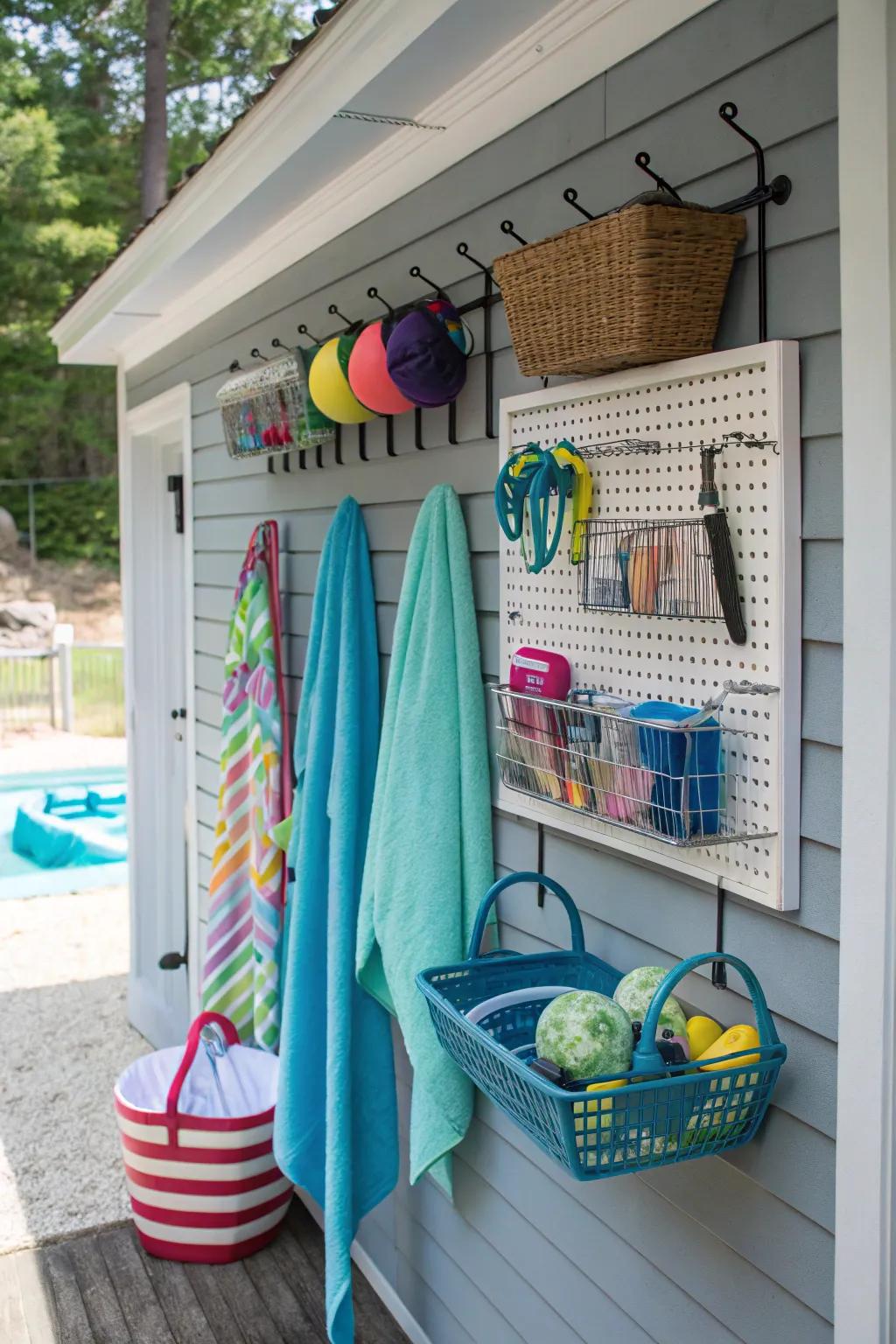 A pegboard allows for flexible and seasonal storage solutions.