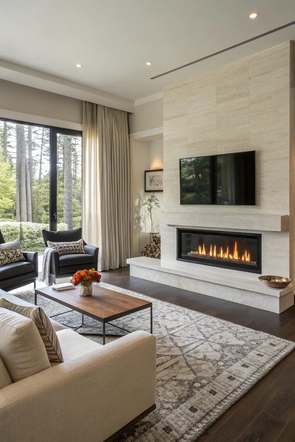 A modern living room with a mantel-free propane fireplace.