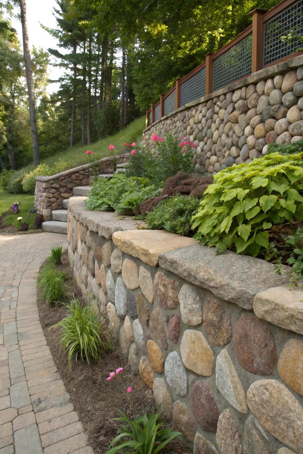 Natural stone walls offer texture and visual interest to gardens.