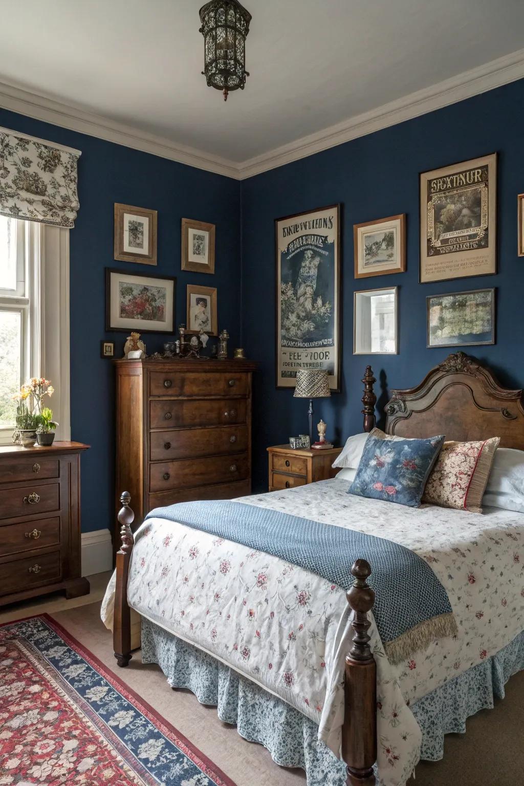 Vintage decor adds character and nostalgic charm to navy blue rooms.