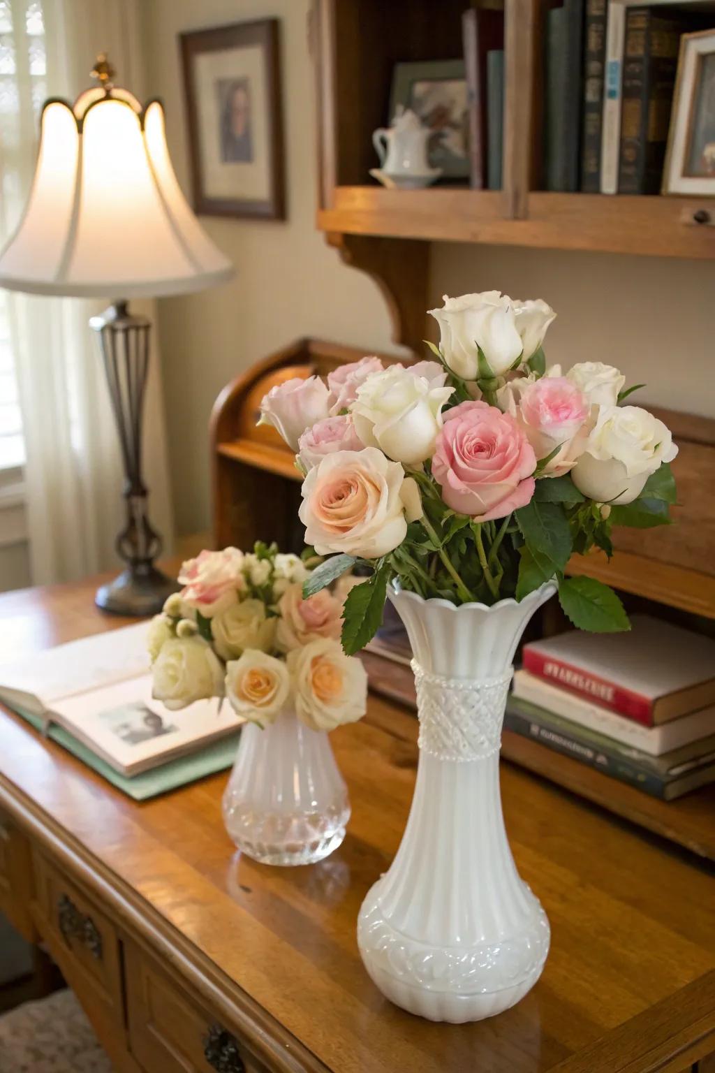 Nostalgic and charming with vintage milk glass vases.