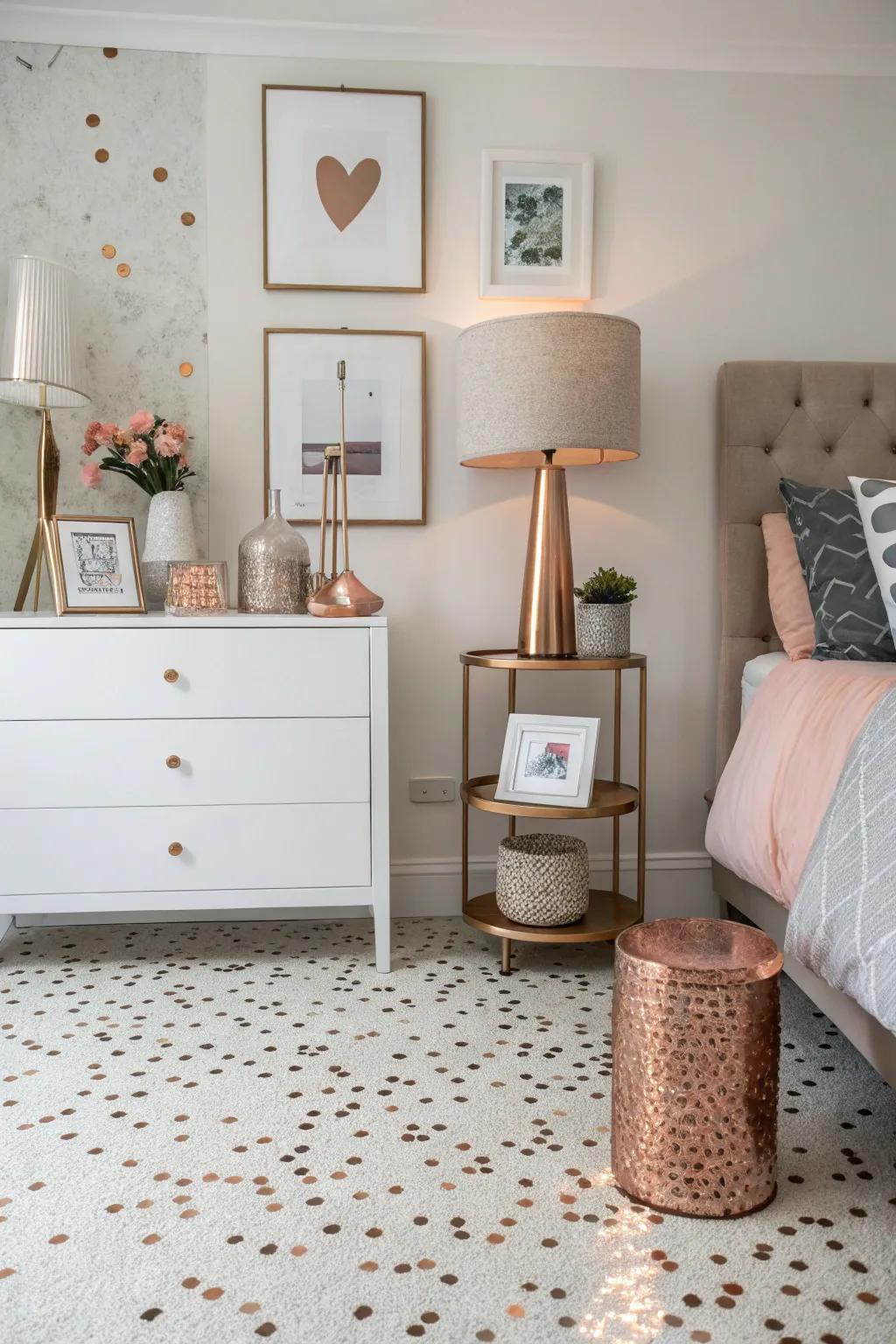 Terrazzo and rose gold for a modern bedroom twist.