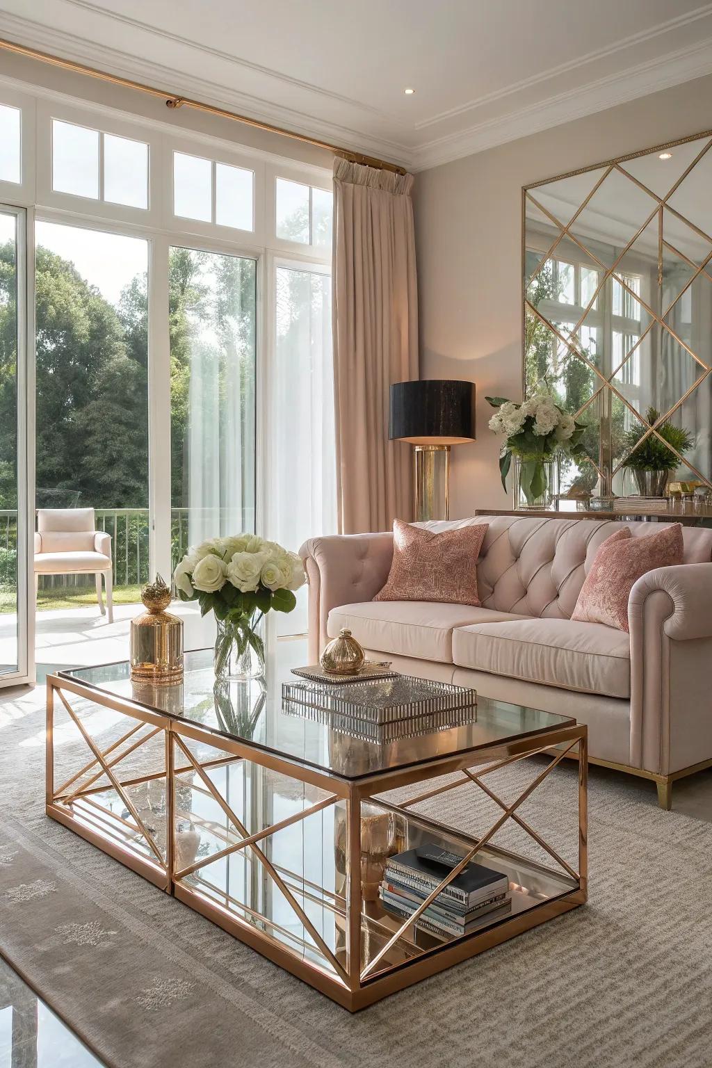 Reflective surfaces with rose gold accents create an airy feel.