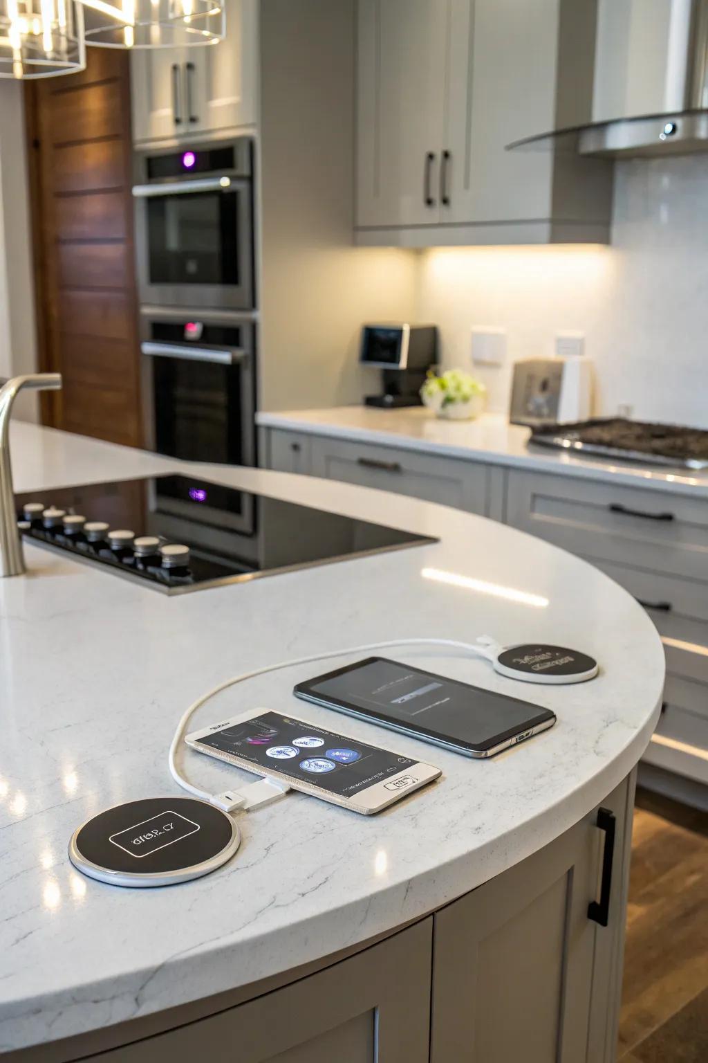 Hidden technology adds modern convenience to a round kitchen island.