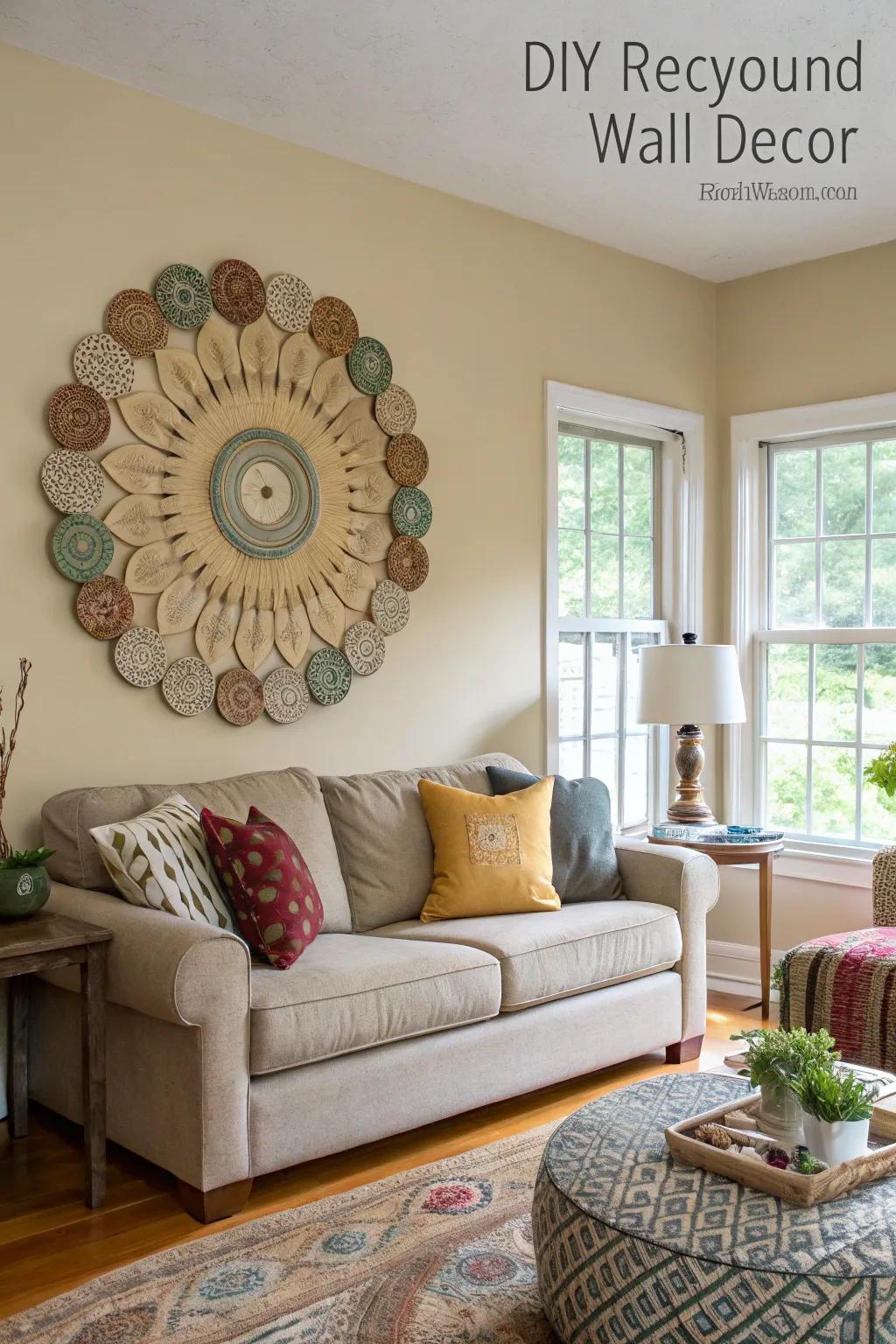 Living room with a DIY round wall decor made from recycled materials.