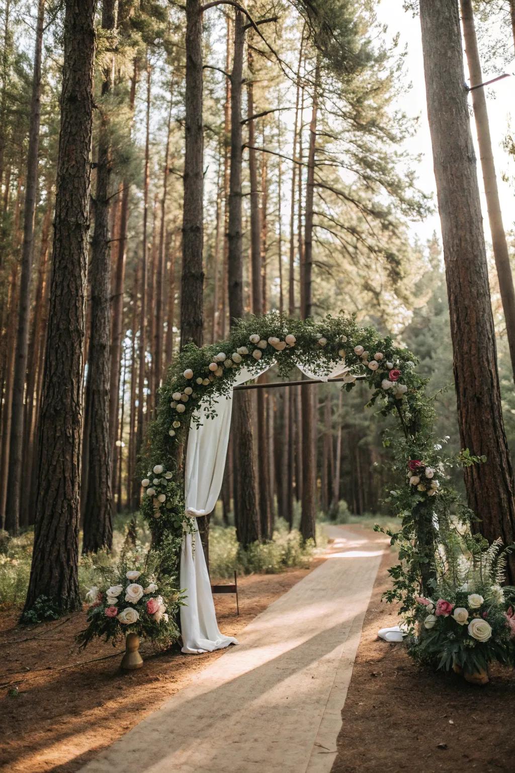An arch framed by nature, seamlessly blending into the forest landscape.