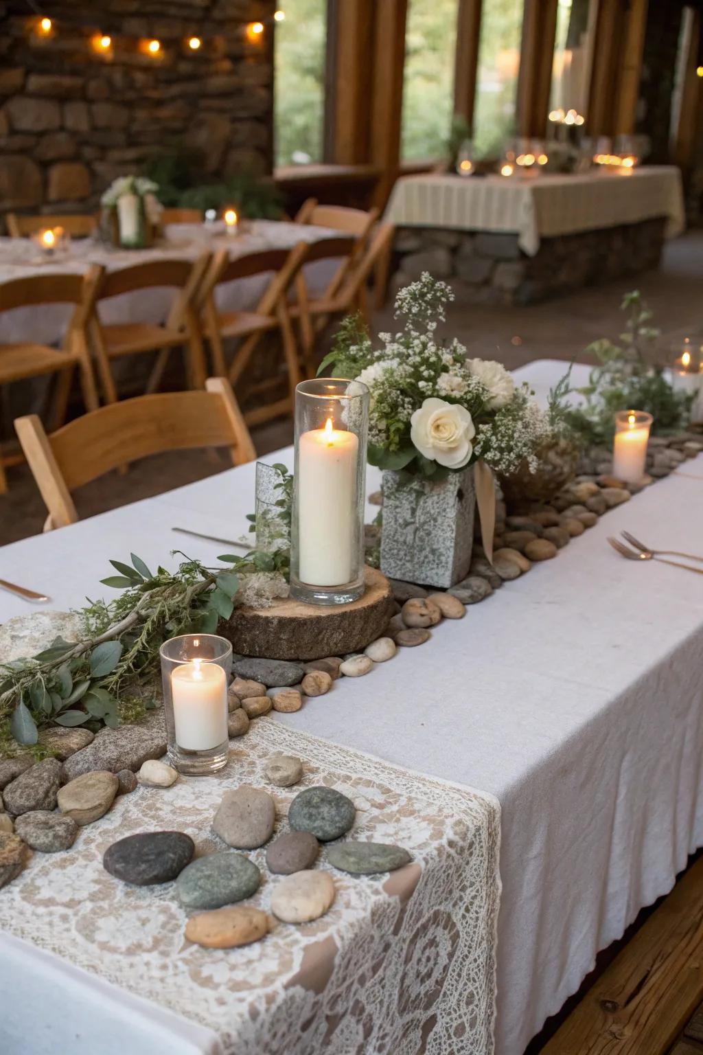 Natural stone elements enhancing the earthy vibe of the head table.
