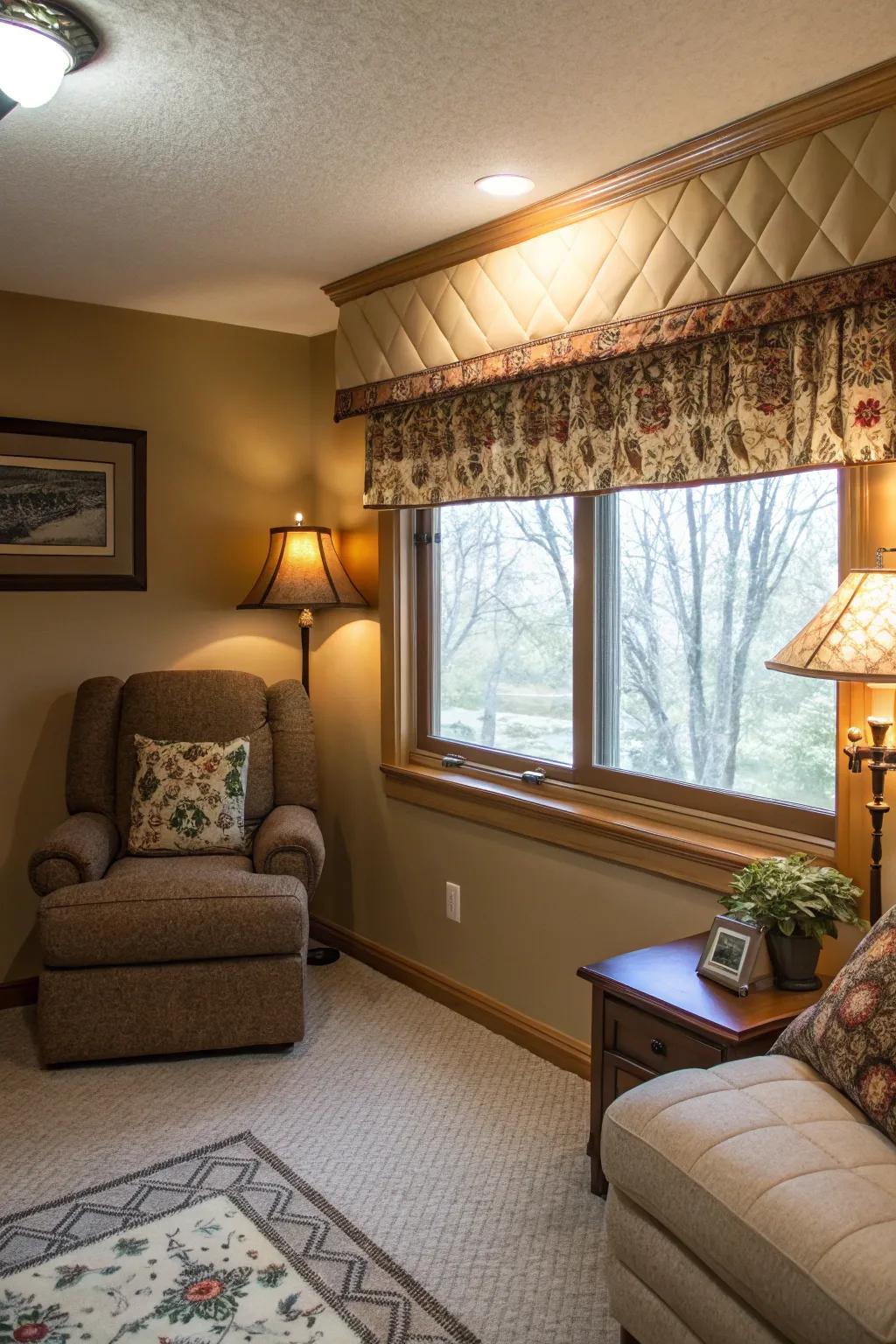 A cozy den featuring a quilted valance that adds warmth and comfort.