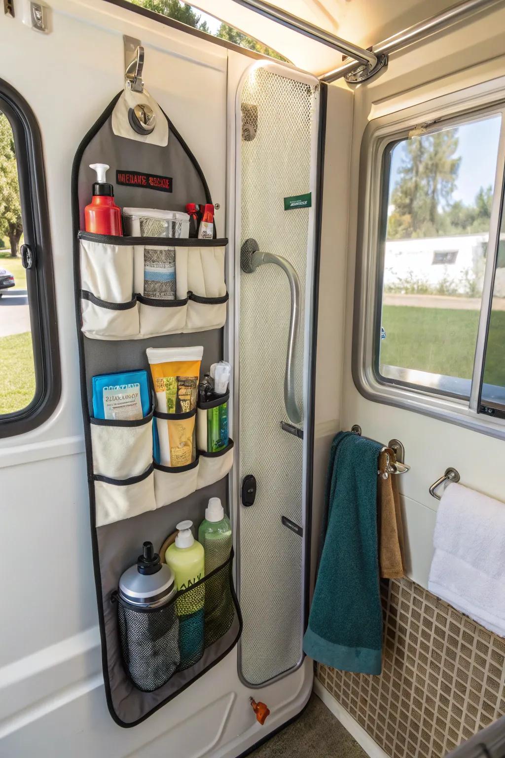 Keep shower essentials organized with a hanging organizer.