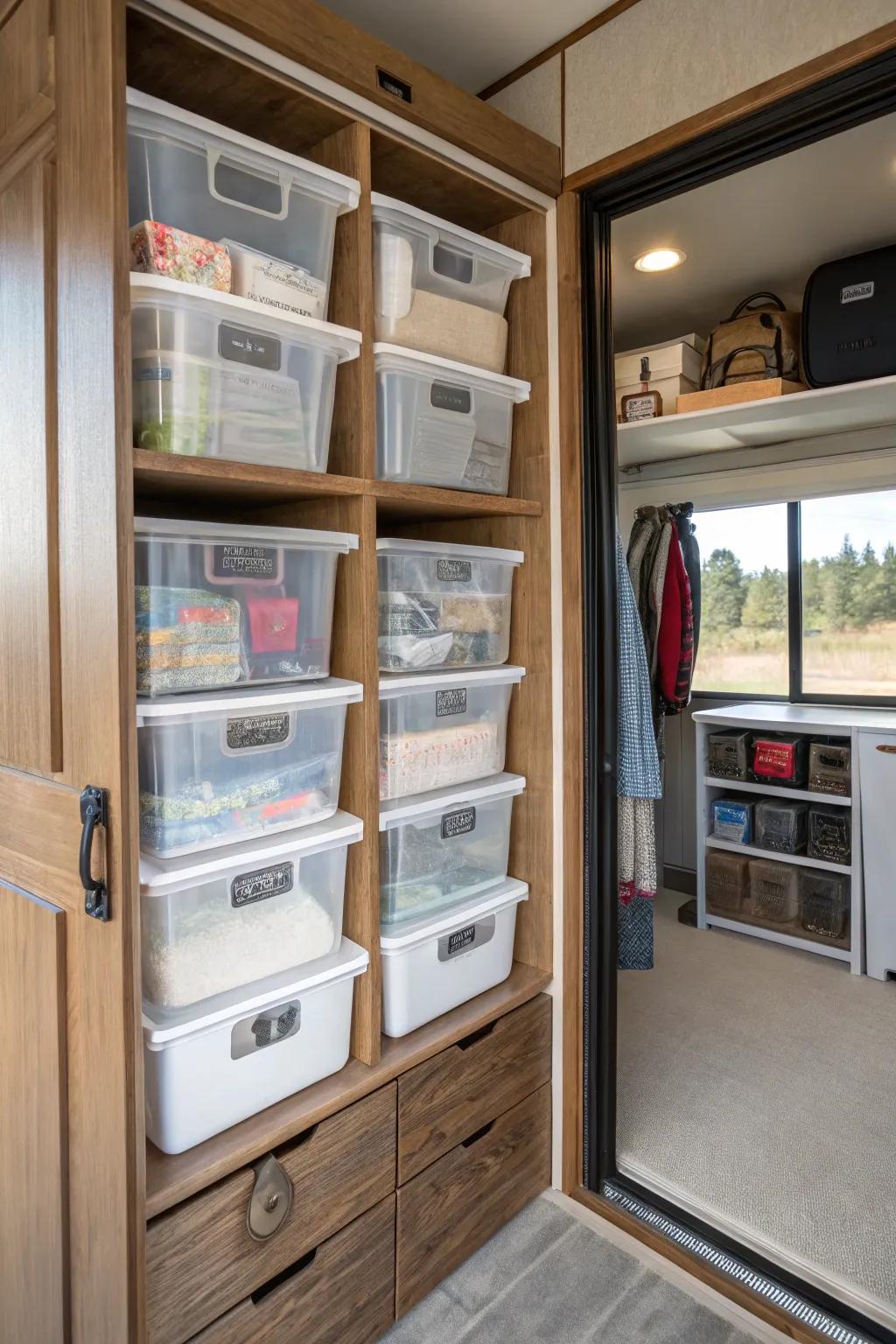Clear containers provide visible storage options for frequent-use items.