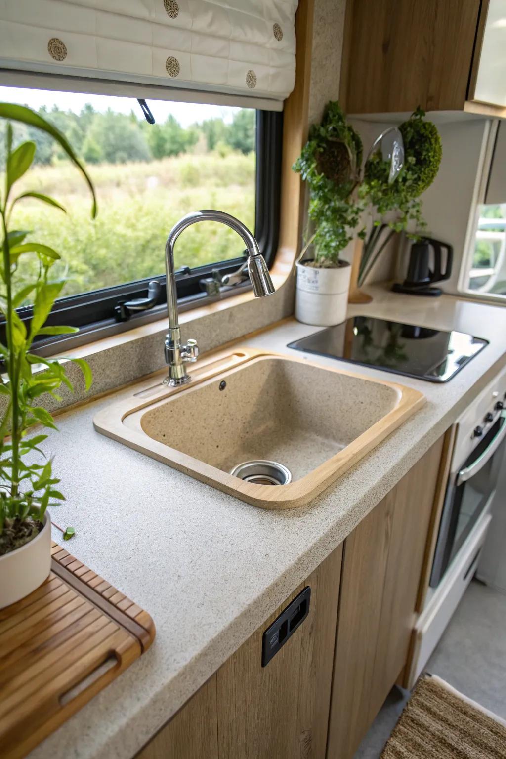 An eco-friendly sink made from recycled materials in an RV kitchen.