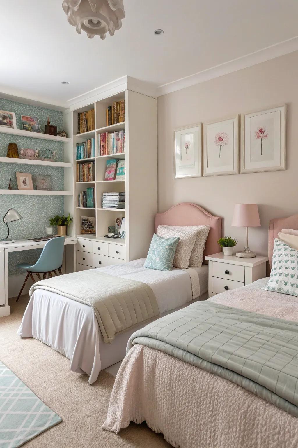 A calm color palette creates a soothing atmosphere in this shared bedroom.