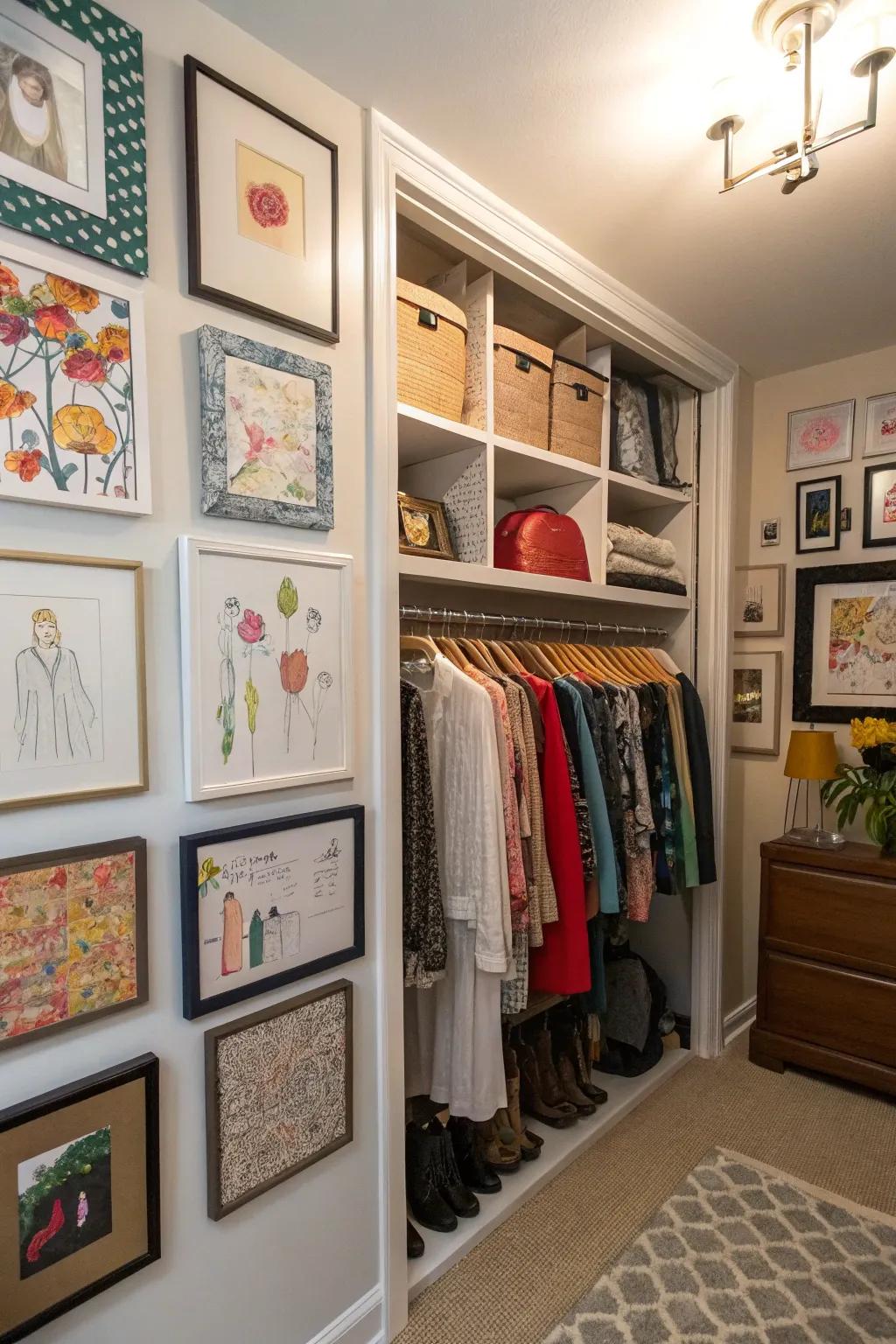 A closet featuring artwork that turns it into a personal gallery.