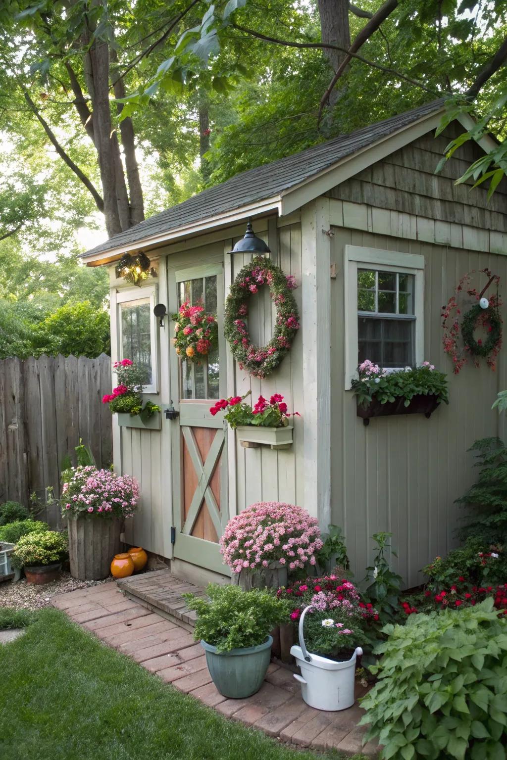 A garden shed adorned with changing seasonal decor.