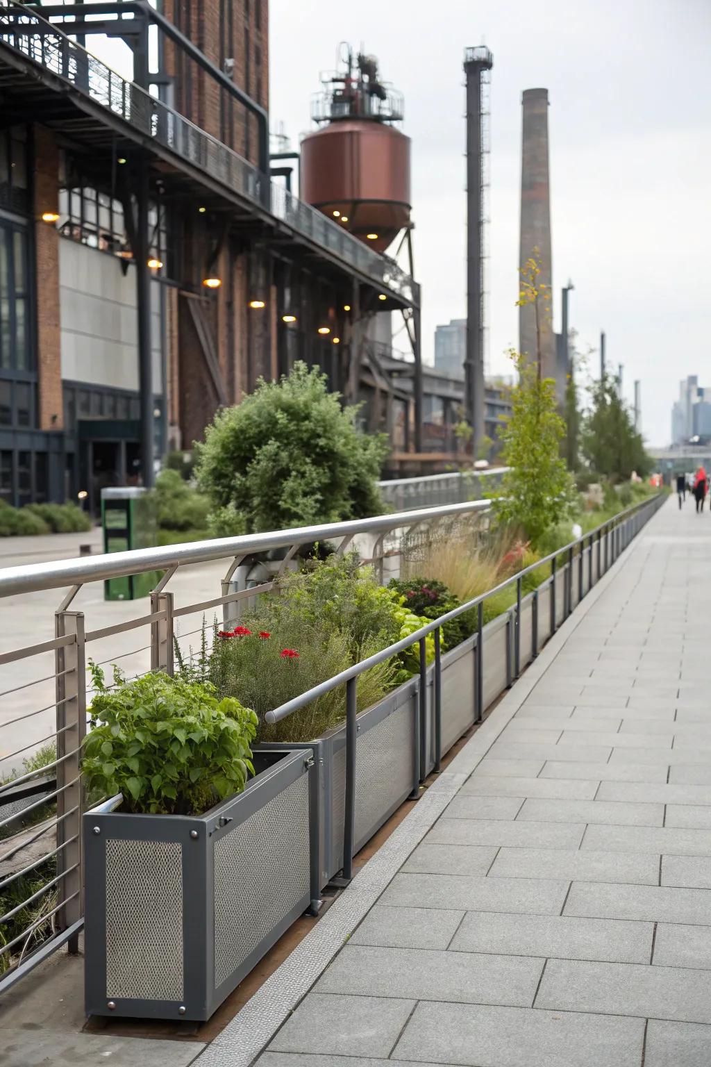 Metallic elements add a modern twist to sidewalks.