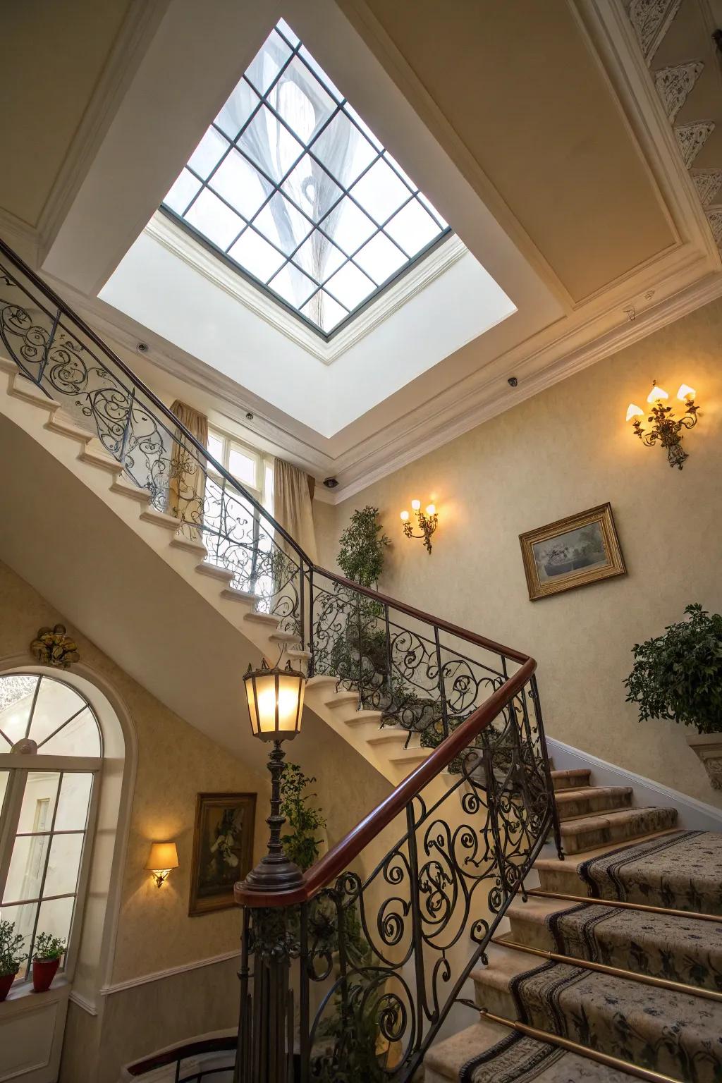 A stairwell beautifully illuminated by a skylight.