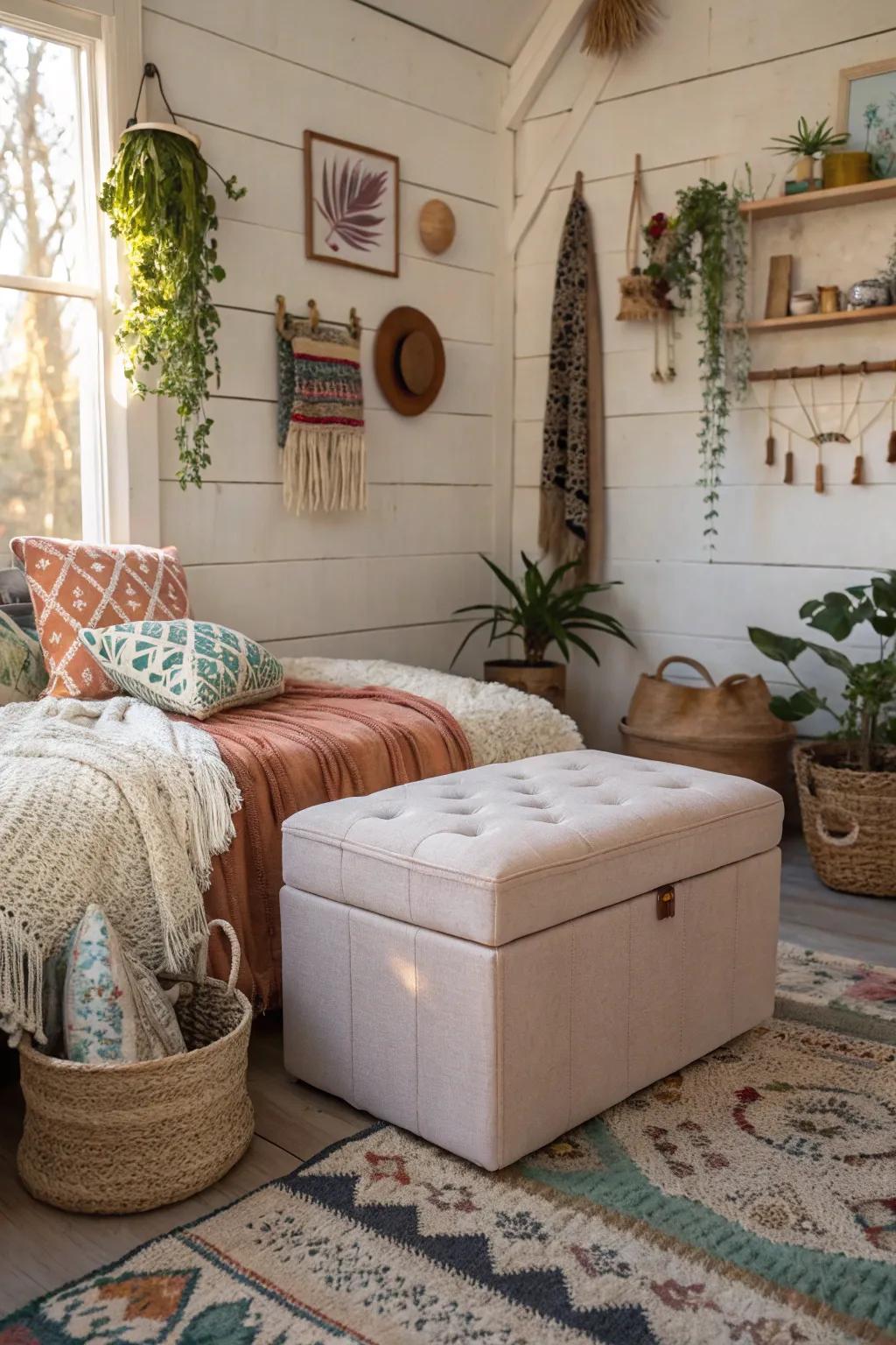 Multipurpose furniture provides practical solutions in this boho bedroom