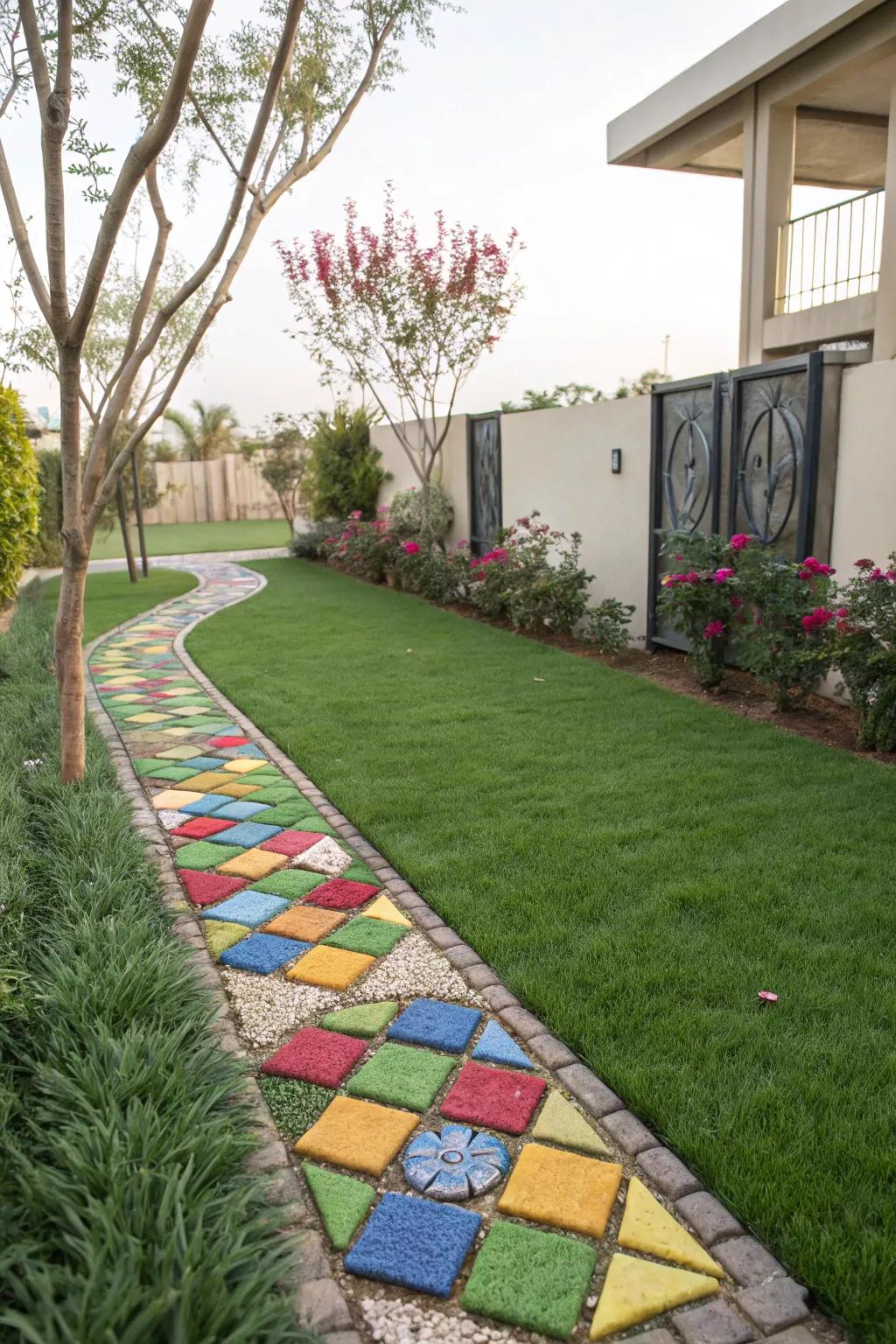 An artistic mosaic pathway integrated with artificial grass.