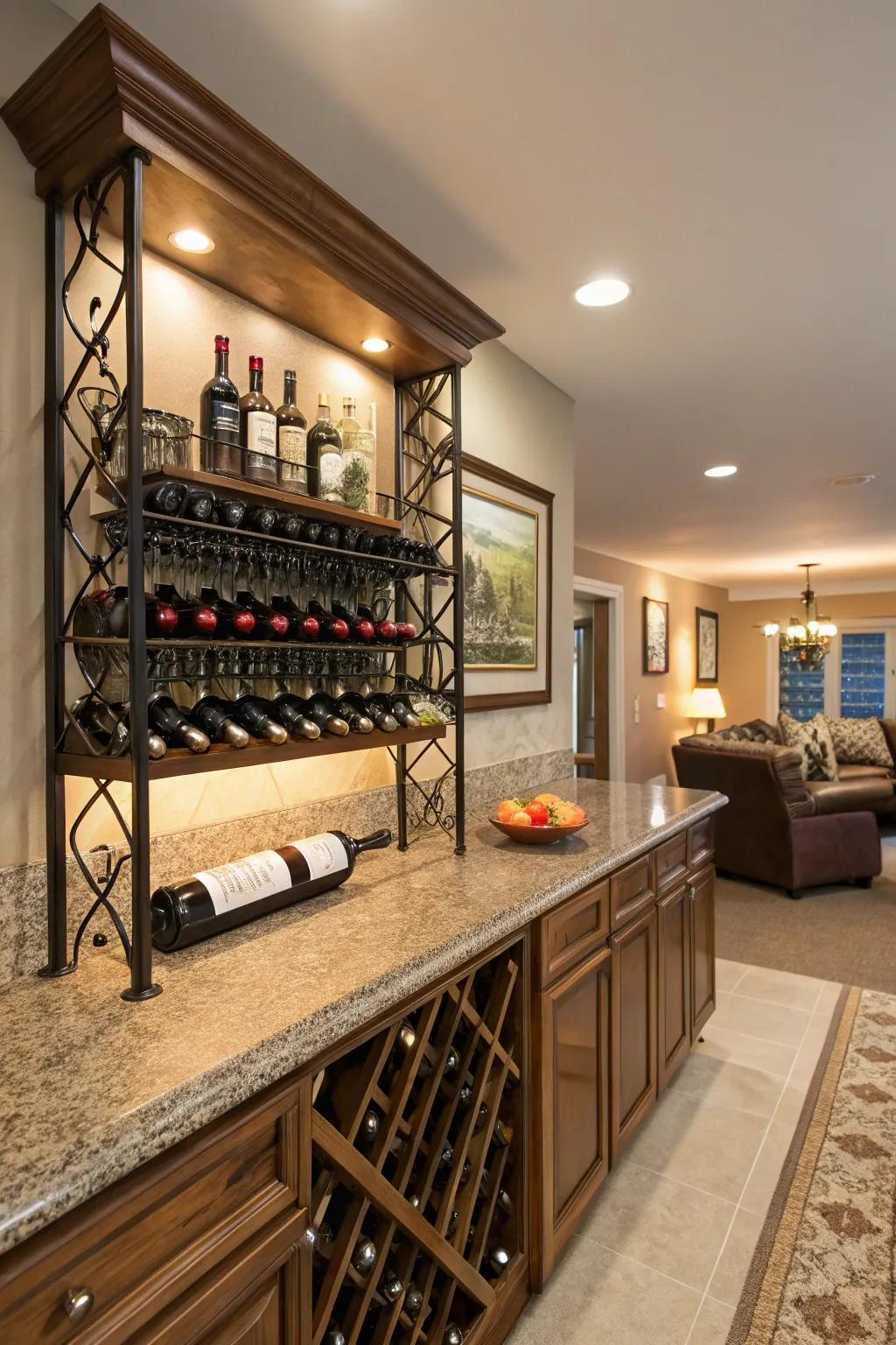 A wine rack display serves both storage and aesthetic purposes.