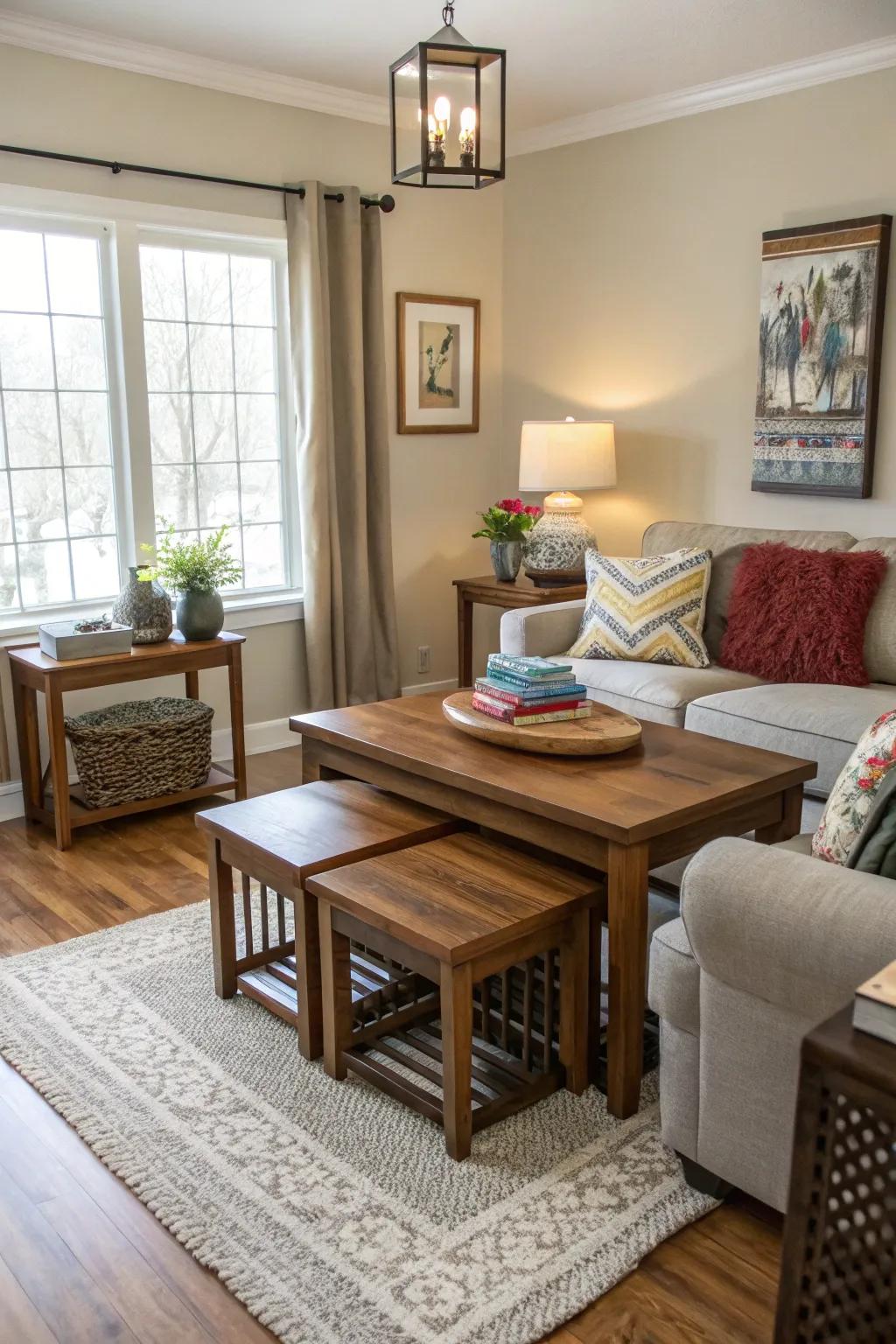 Nesting tables offering flexible surface solutions.