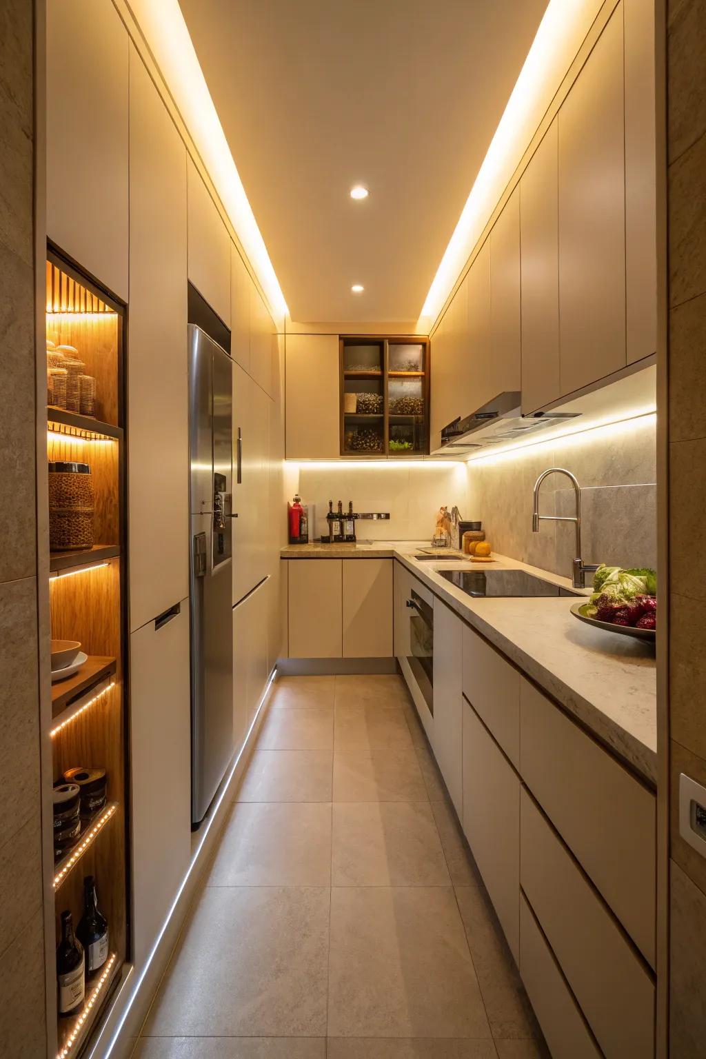 Accent lighting enhances the warmth and depth of this kitchen.