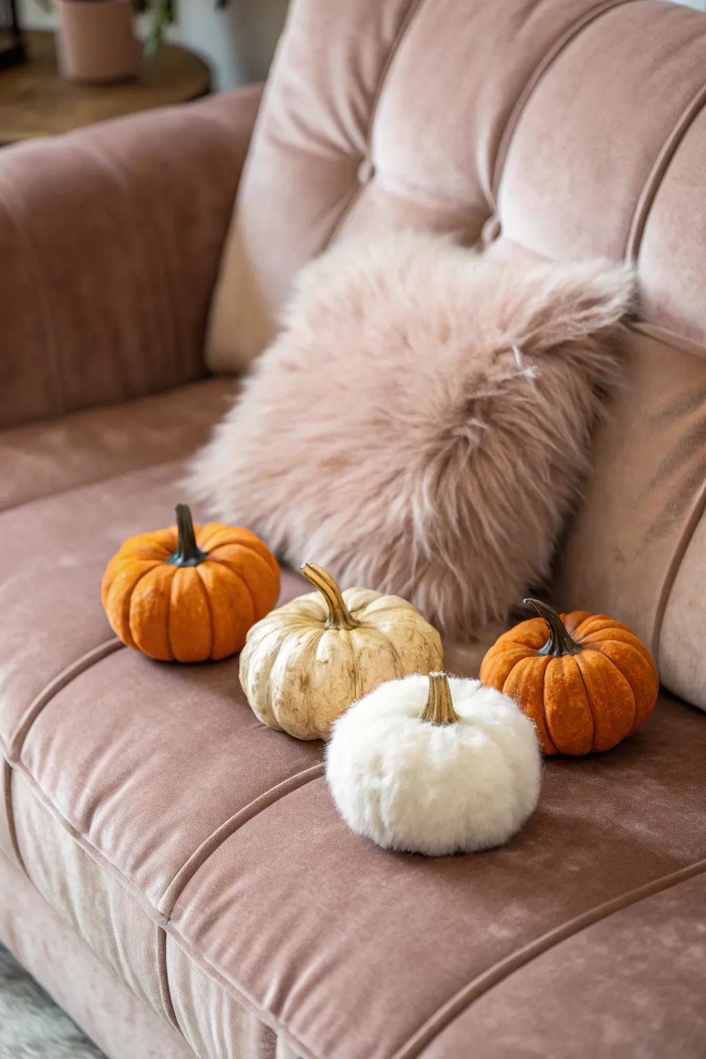 Faux fur pumpkins introduce a cozy, luxurious texture.