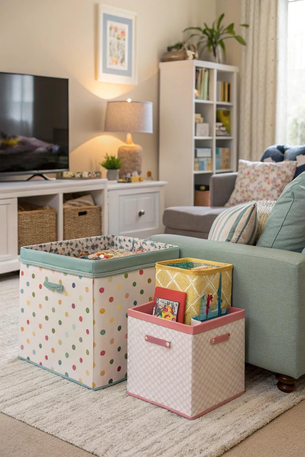 Decorative boxes for stylish and hidden toy storage.